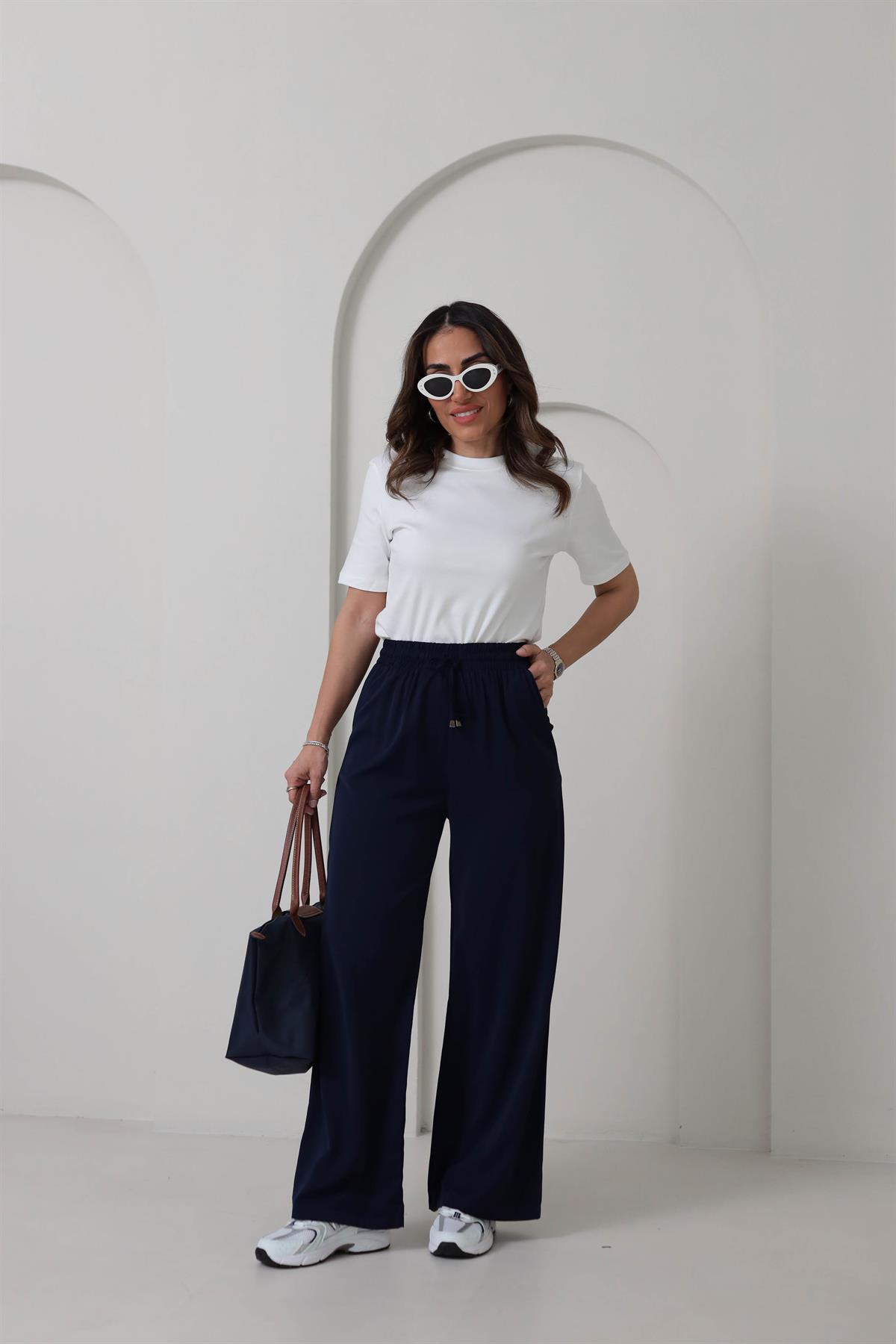 0858 Bel Lastikli Döküm Palazzo Pantolon LACİVERT