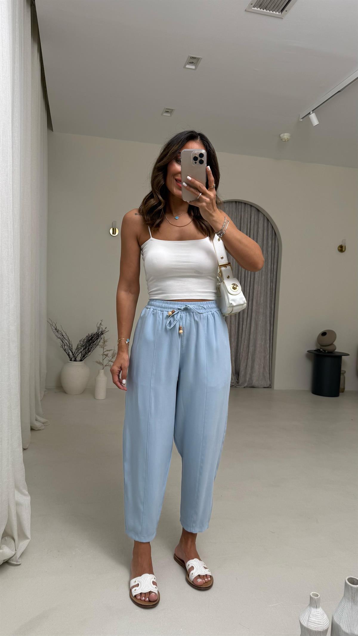 6703 Bel Lastikli Tencel Dokulu Boncuklu Pantolon MAVİ