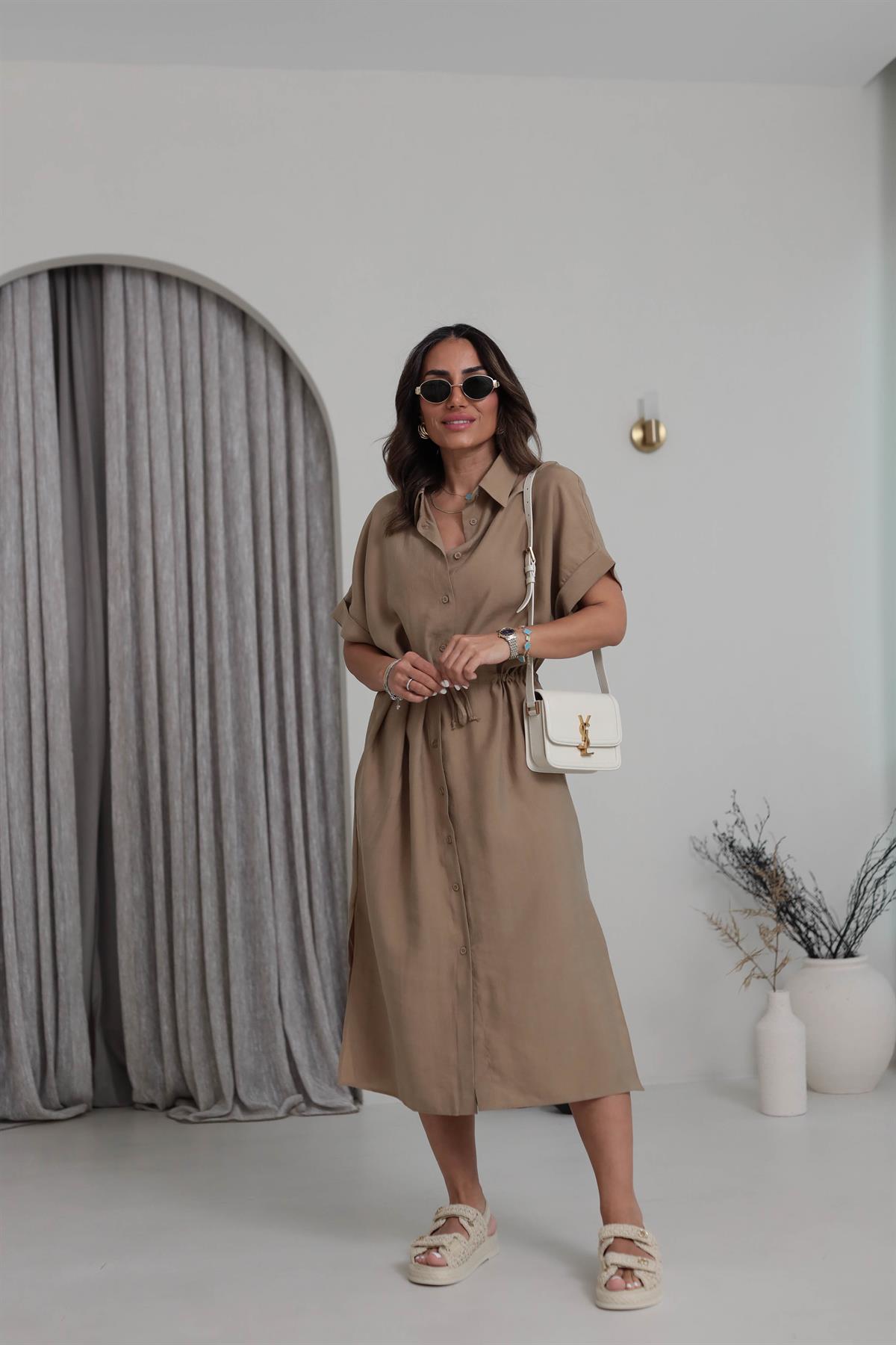 Bel Büzgülü Tencel Gömlek Elbise CAMEL