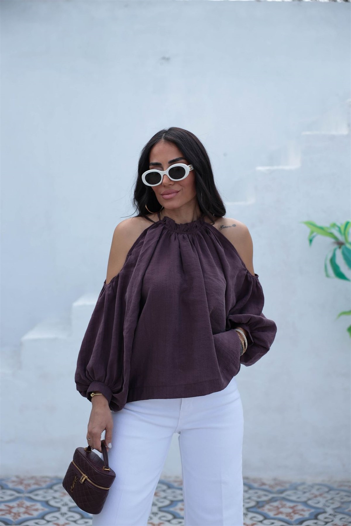 3264 Büzgülü Kol Dekolteli Bluz MÜRDÜM