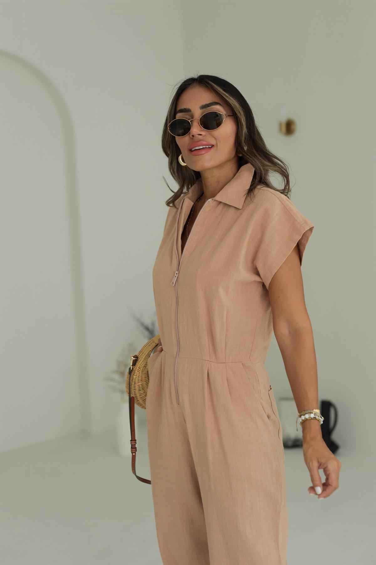 1310 Önden Fermuarlı Keten Tulum