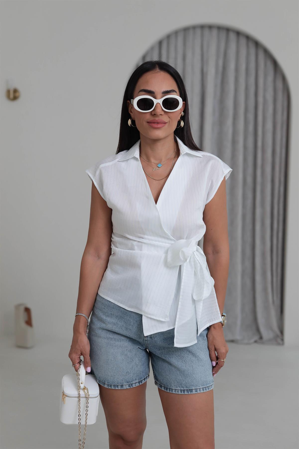 0438 Kruvaze Bağlamalı Çizgili Gömlek Bluz BEYAZ