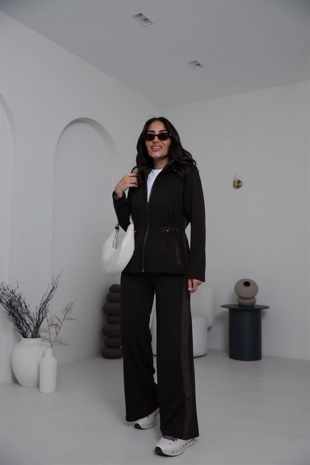 6933 Paraşüt Garnili Bel Lastikli Modal Takım KAHVE