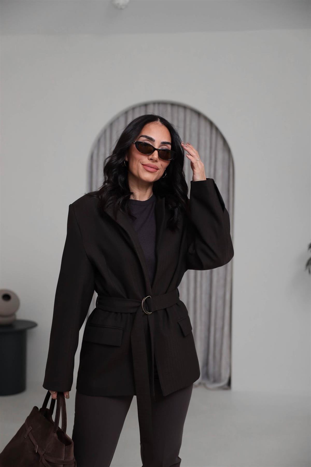 1284 Vatkalı Kemerli Balıksırtı Blazer Ceket KAHVE