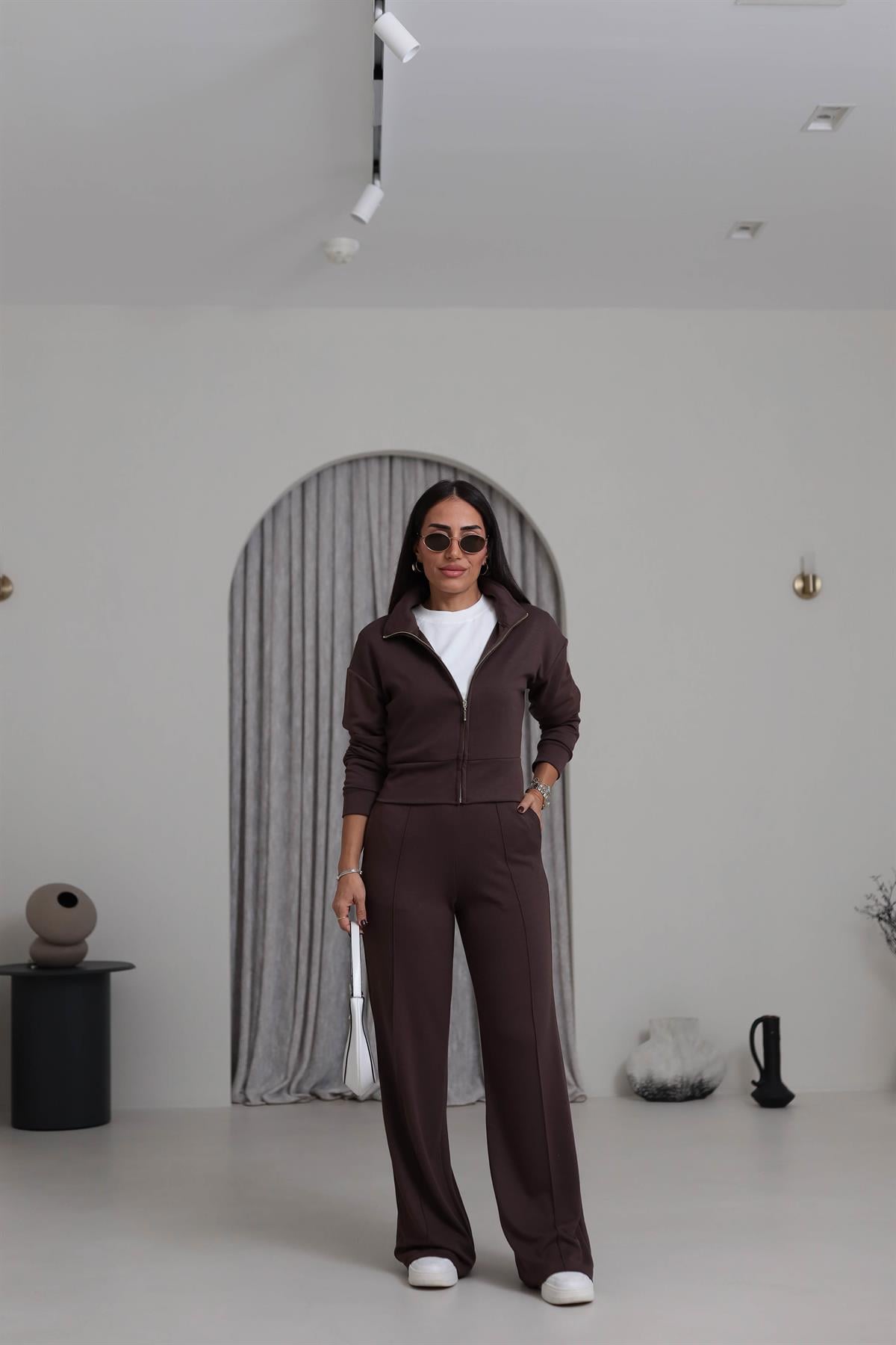 4044 Gold Fermuarlı Modal Kumaş Takım KAHVE