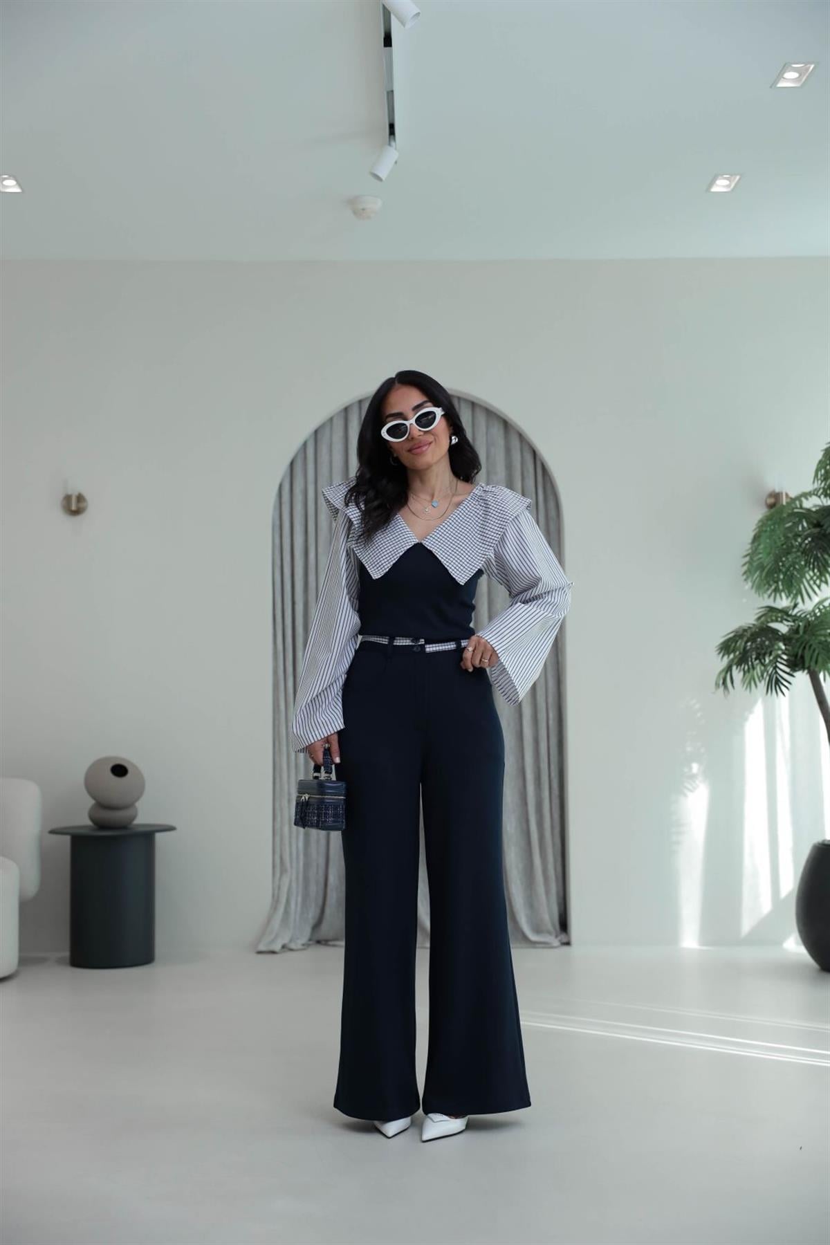 0675 Anime Poplin Yaka Modal Kumaş Takım LACİVERT