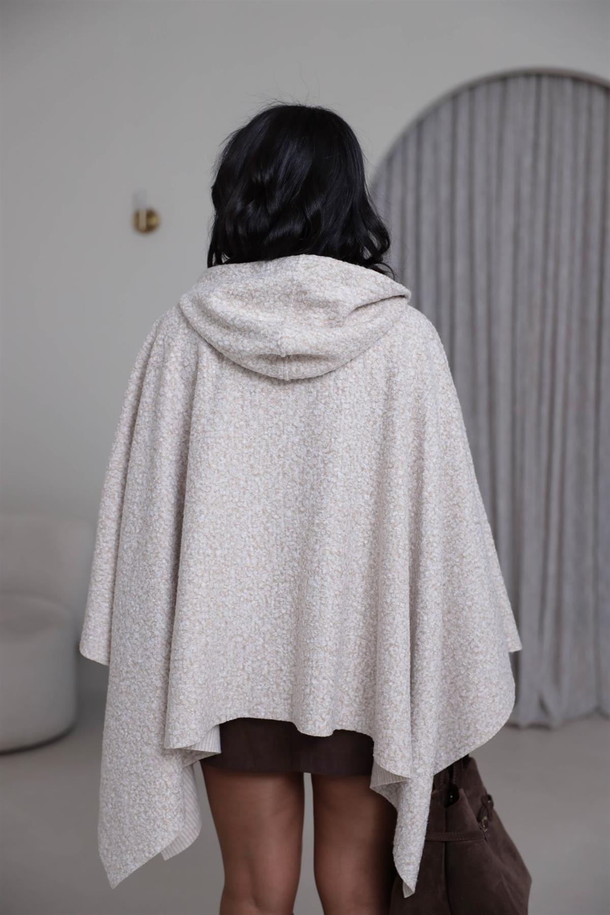 9175 Kemer Detay Kapşonlu Buklet Panço TAŞ