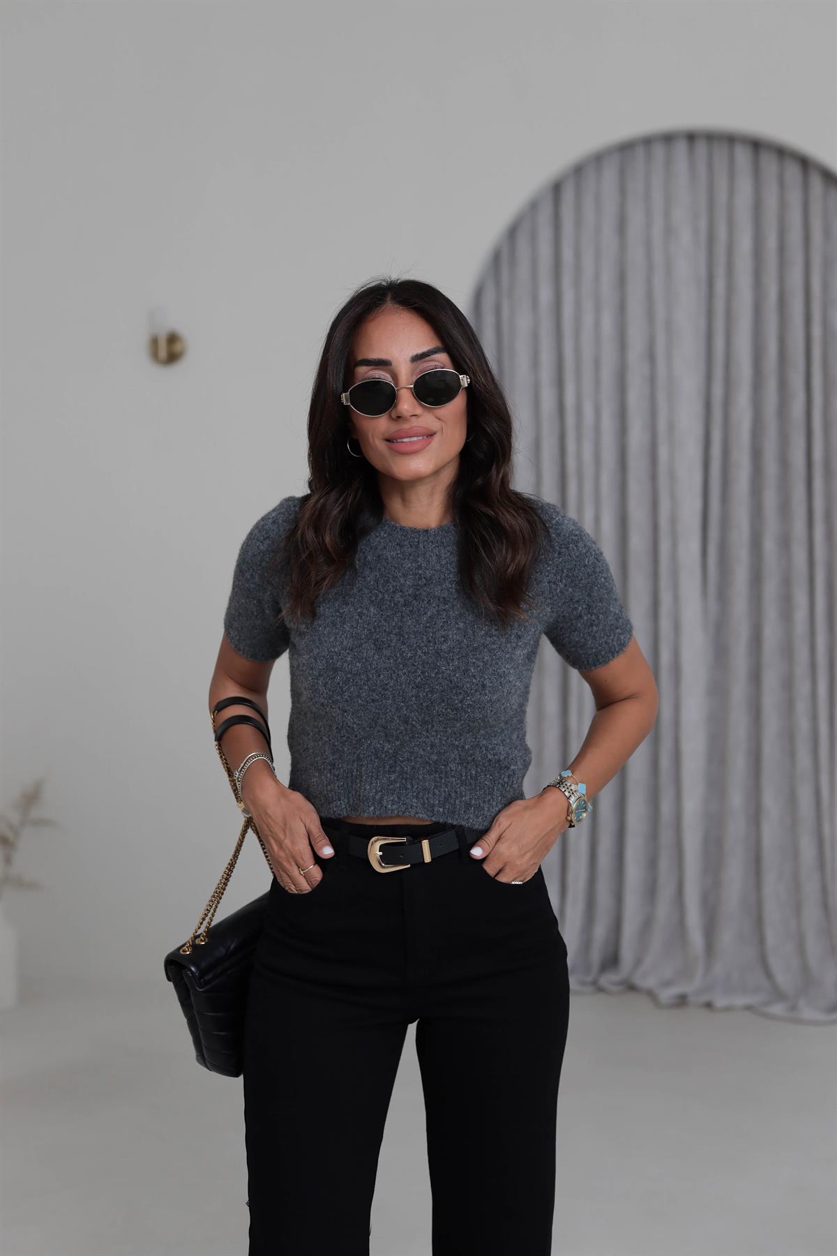 0651 Bisiklet Yaka Yumuşak Dokulu Kısa Kol Triko Kazak FÜME