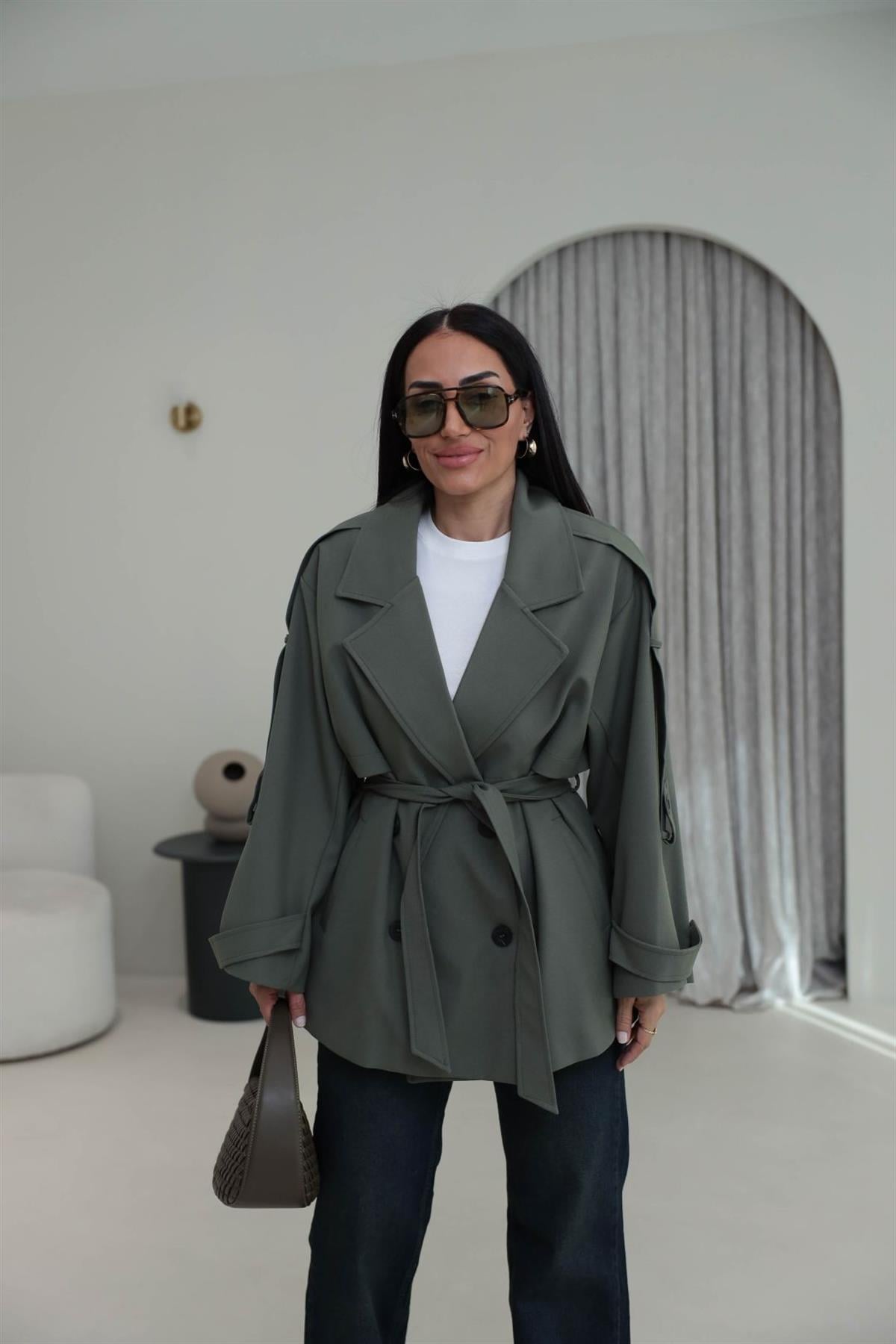 Apoletli Tasarım Astarlı Premium Kısa Trençkot HAKİ YEŞİL