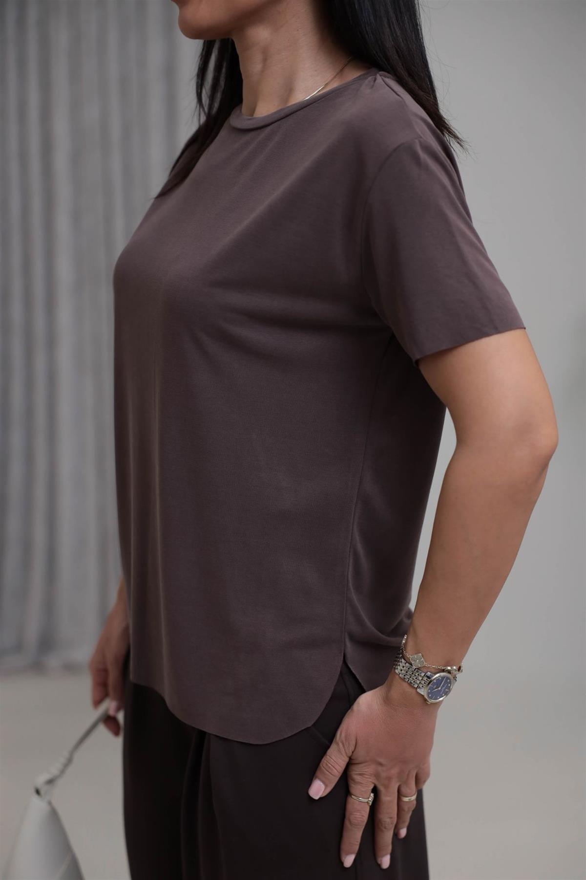 1020 Oys Lazer Kesikli Modal Tshirt KAHVE