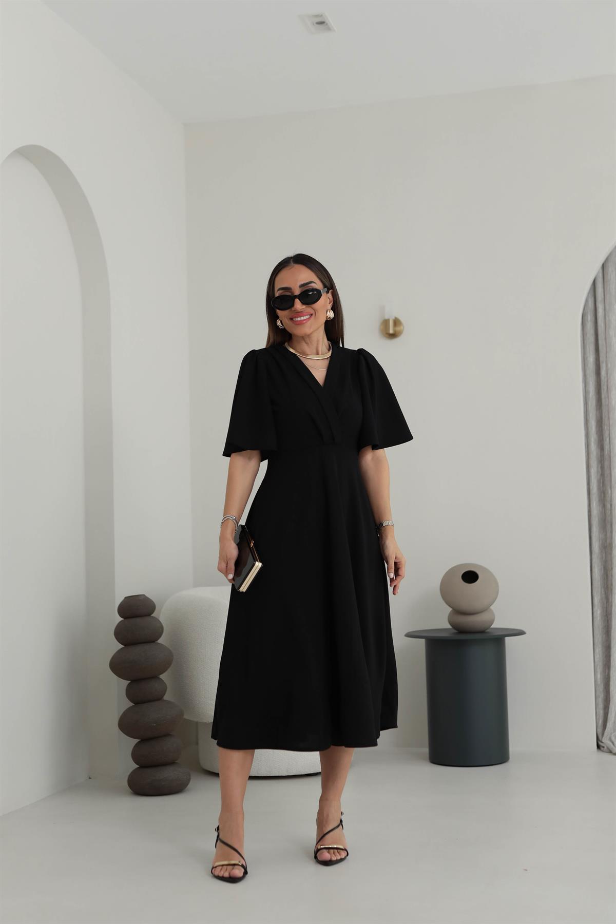 3707 Kol Volanlı Krvaze Yaka Midi Boy Elbise SİYAH