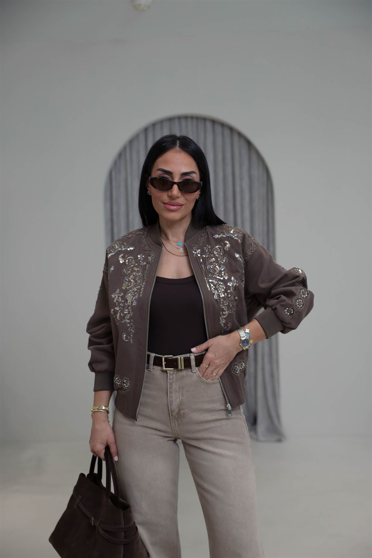 9928 Pul ve Boncuk İşlemeli Bomber Ceket KAHVE