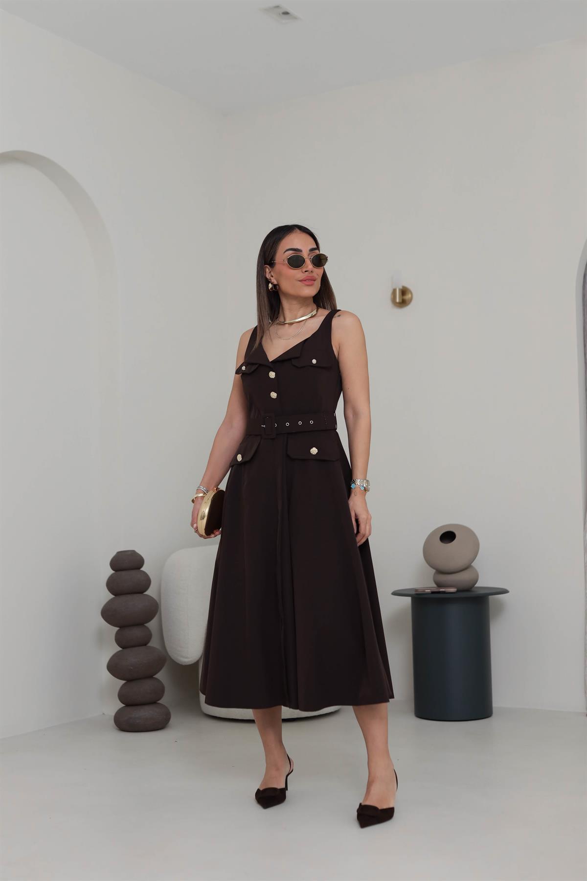 Kare Yaka Gold Düğmeli Cep Kapaklı Elbise ACI KAHVE