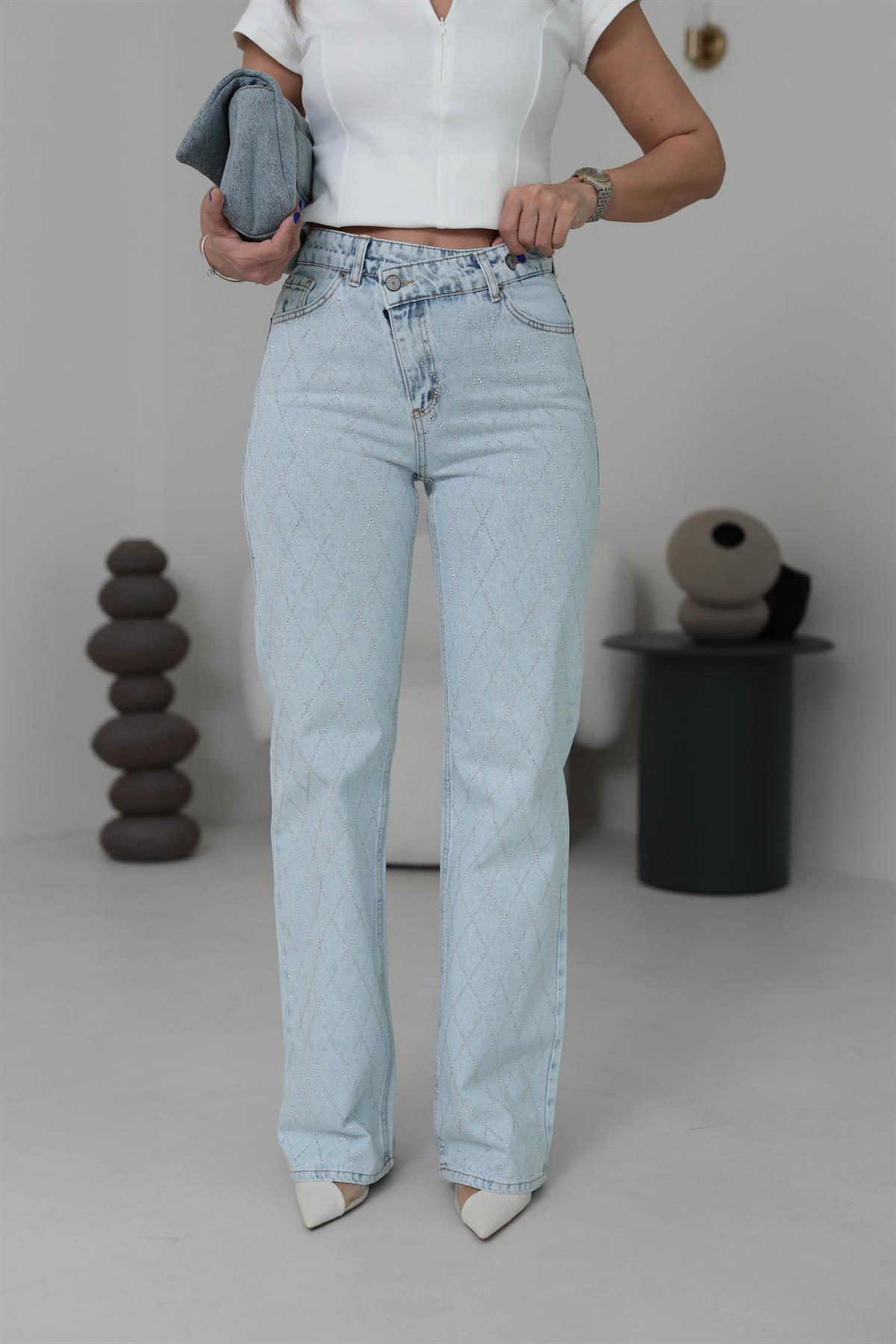 460 Baklava Desen Taş İşlemeli Pantolon BUZ MAVİ