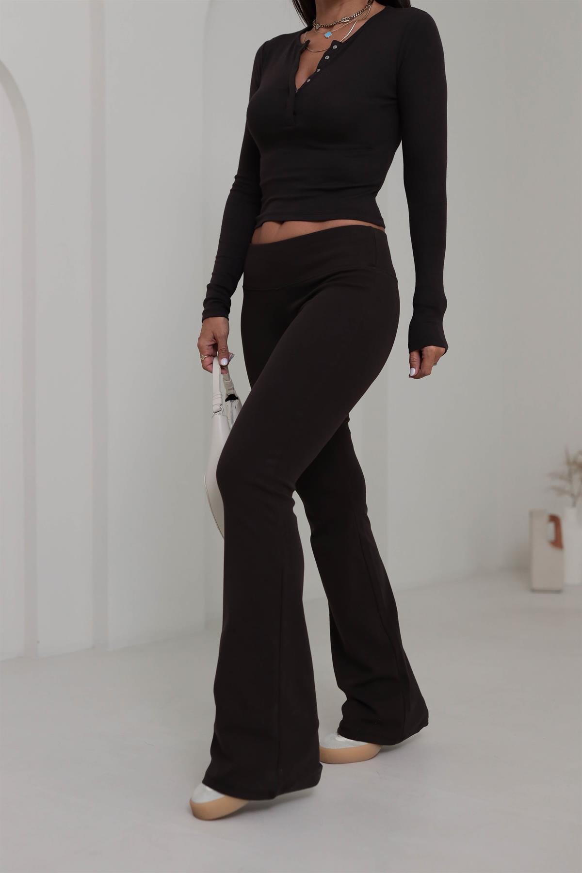 7064 Geniş Kemerli İspanyol Paça Flare Pantolon ACI KAHVE