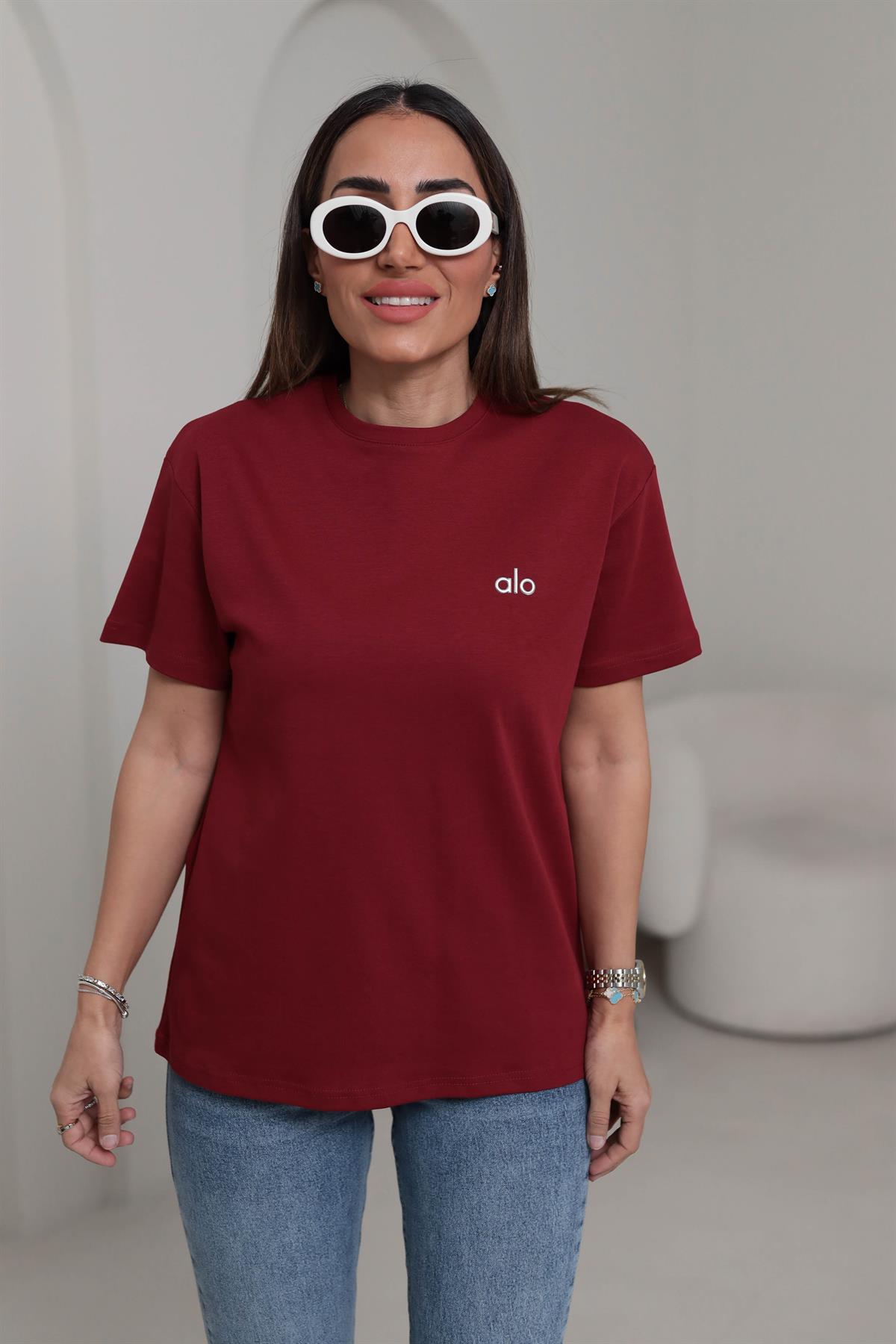 1022 Bisiklet Yaka Gümüş Yazı Detaylı Tshirt BORDO