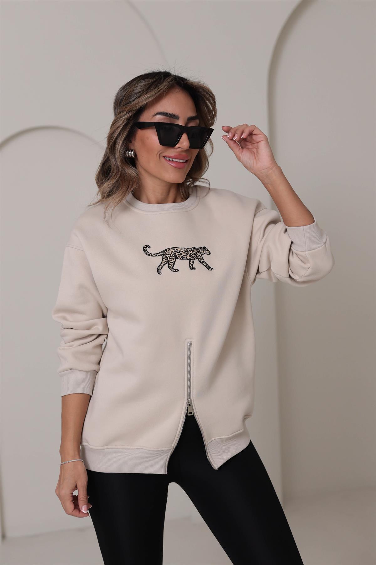 5617 Leopar Nakış Yarım Fermuarlı Şardonlu Sweatshirt BEJ