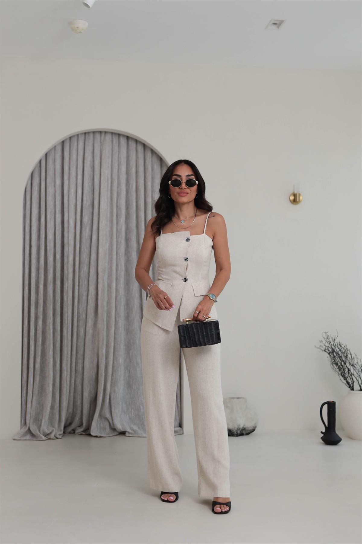 0288 Askıları Ayarlanabilir Tencel Keten Yelek & Pantolon Takım NATURAL