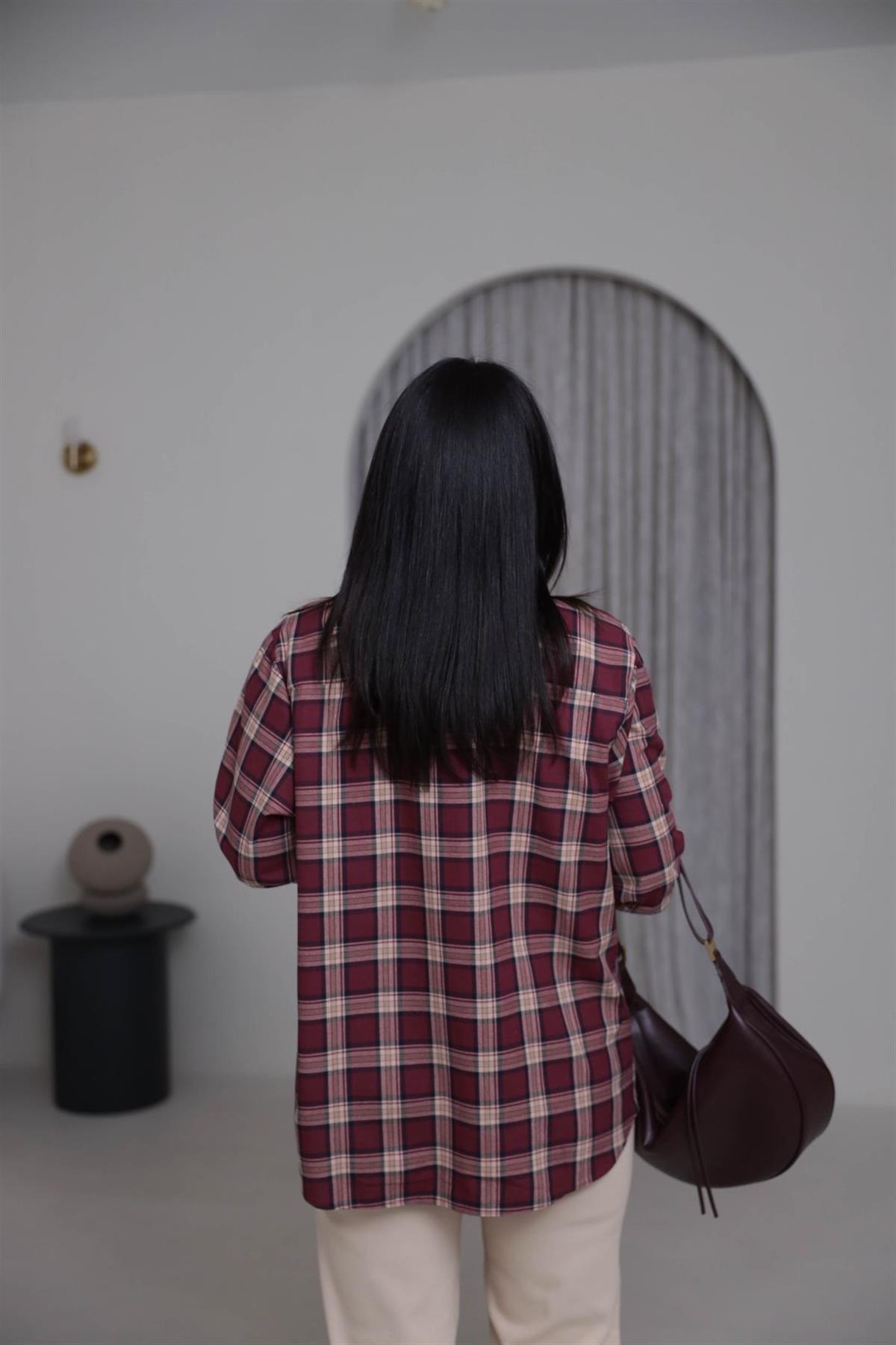 7124 Ekose Desen Pamuklu Oversize Gömlek BORDO