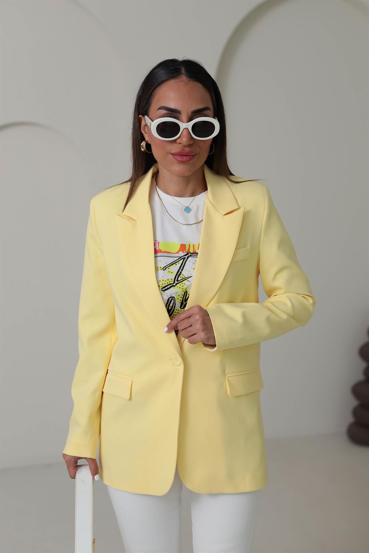 0873 Tek Düğmeli Vatkalı Blazer Ceket SARI
