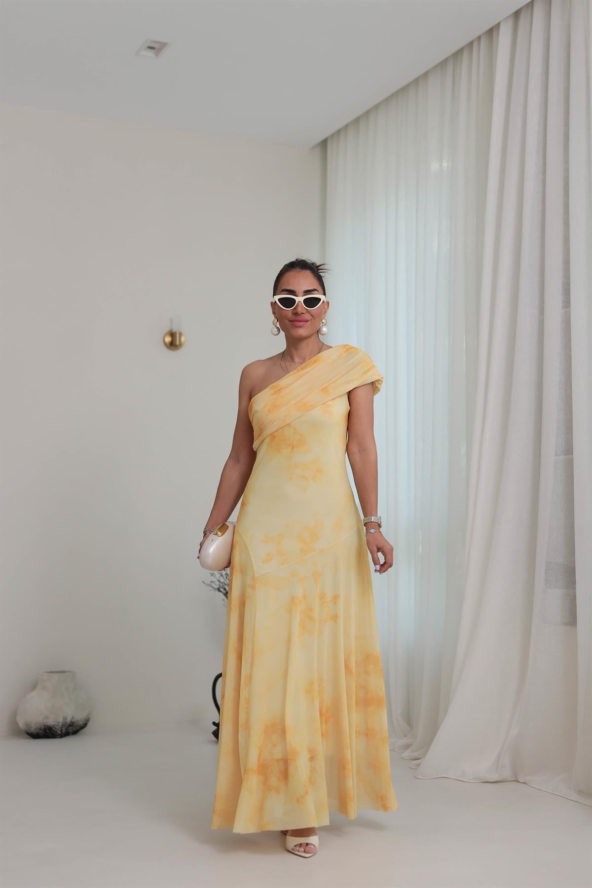 5177 Tek Omuz Drape Detaylı Parçalı Tül Elbise SARI