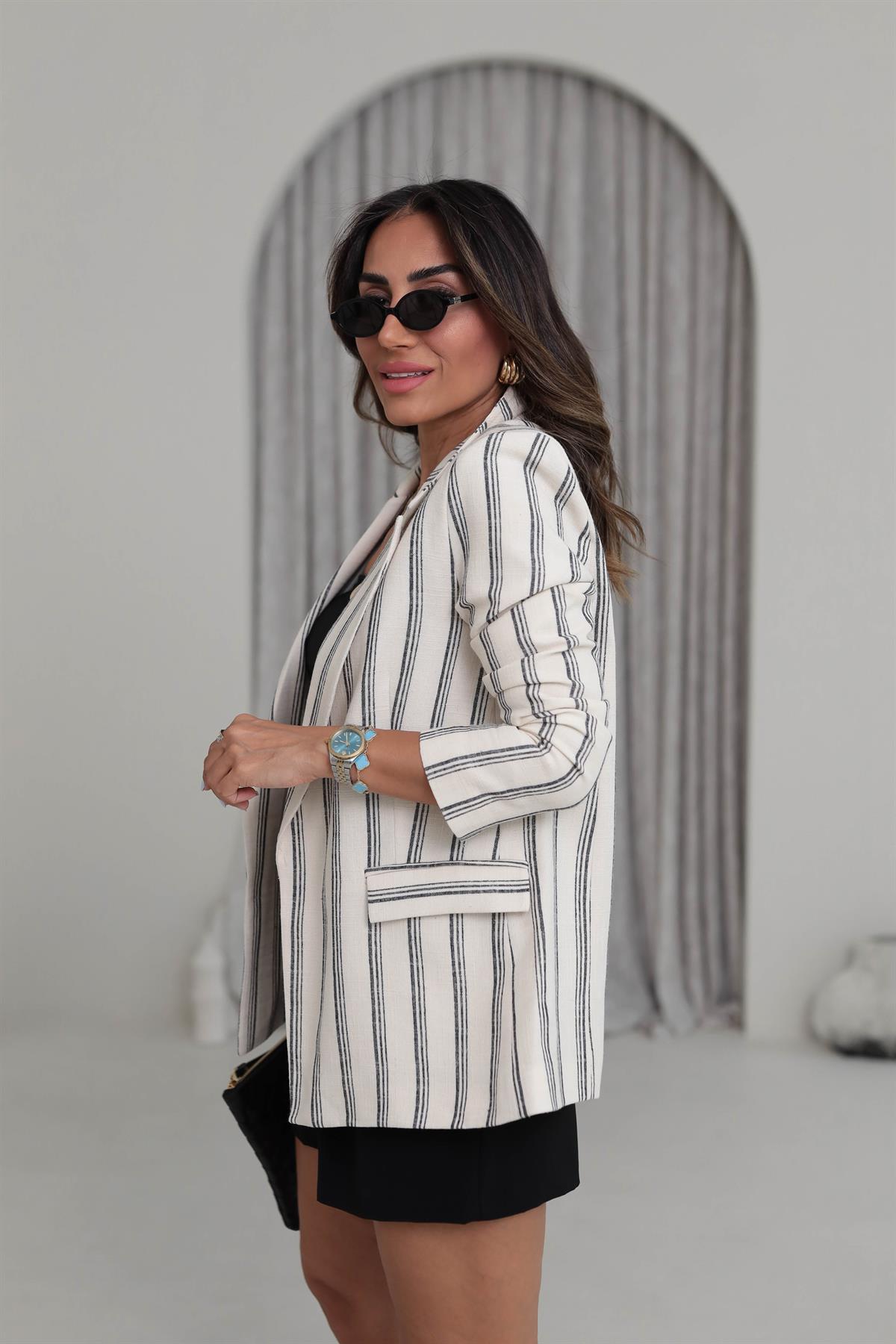 9424 Çizgili Keten Blazer Ceket SİYAH