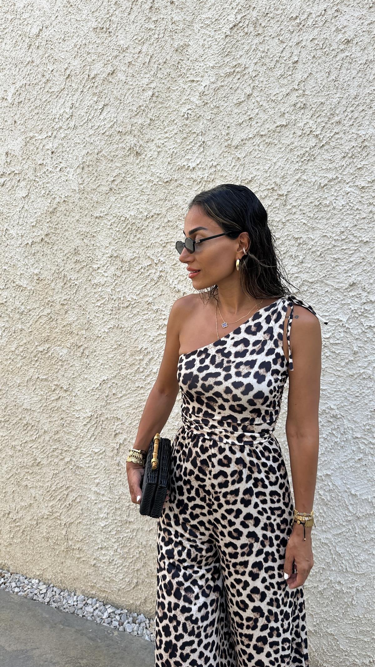 6434 Leopar Desen Tek Omuz Tulum