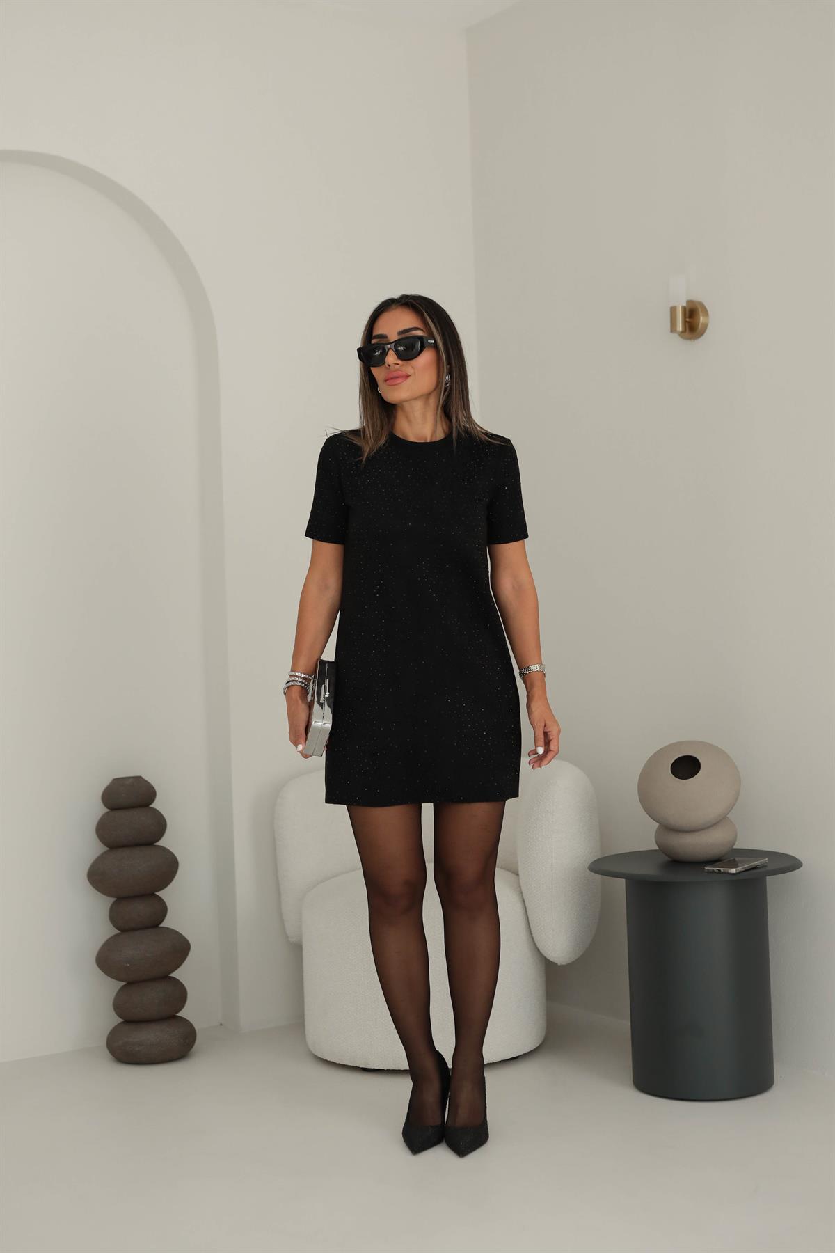 6398 Taşlı Nubuk Elbise SİYAH