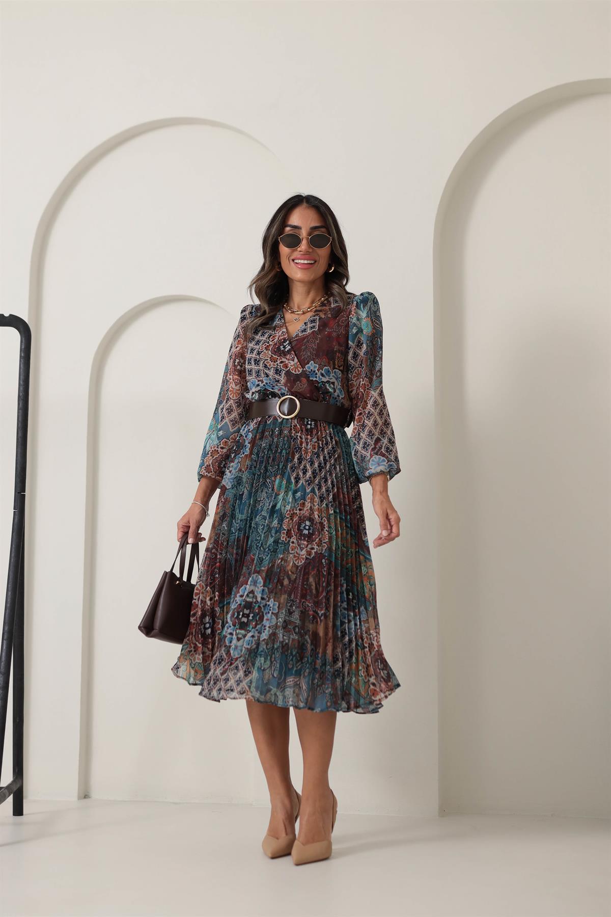 3286 Kruvaze Yaka Piliseli Kemerli Elbise DESENLİ