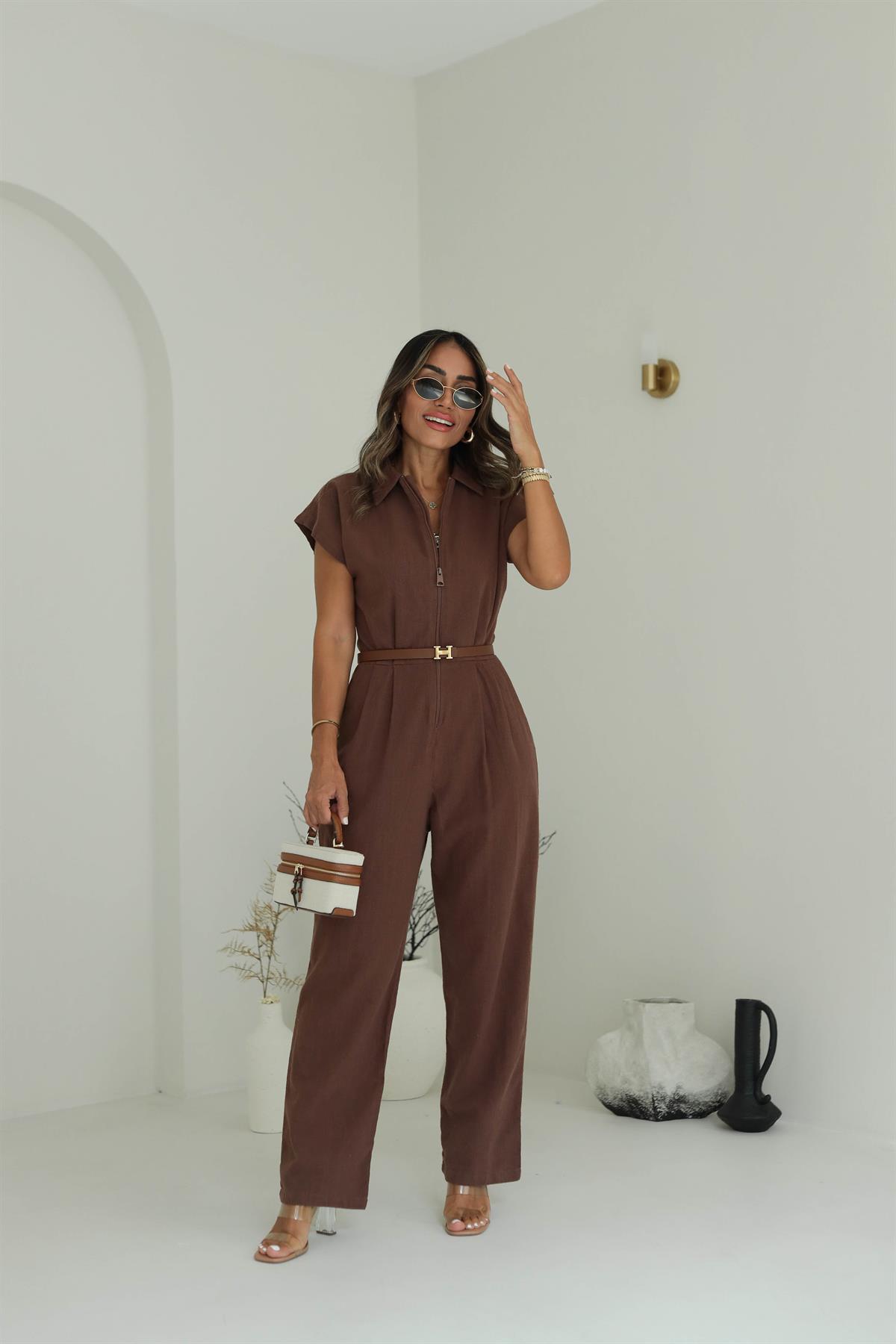 1310 Önden Fermuarlı Keten Tulum