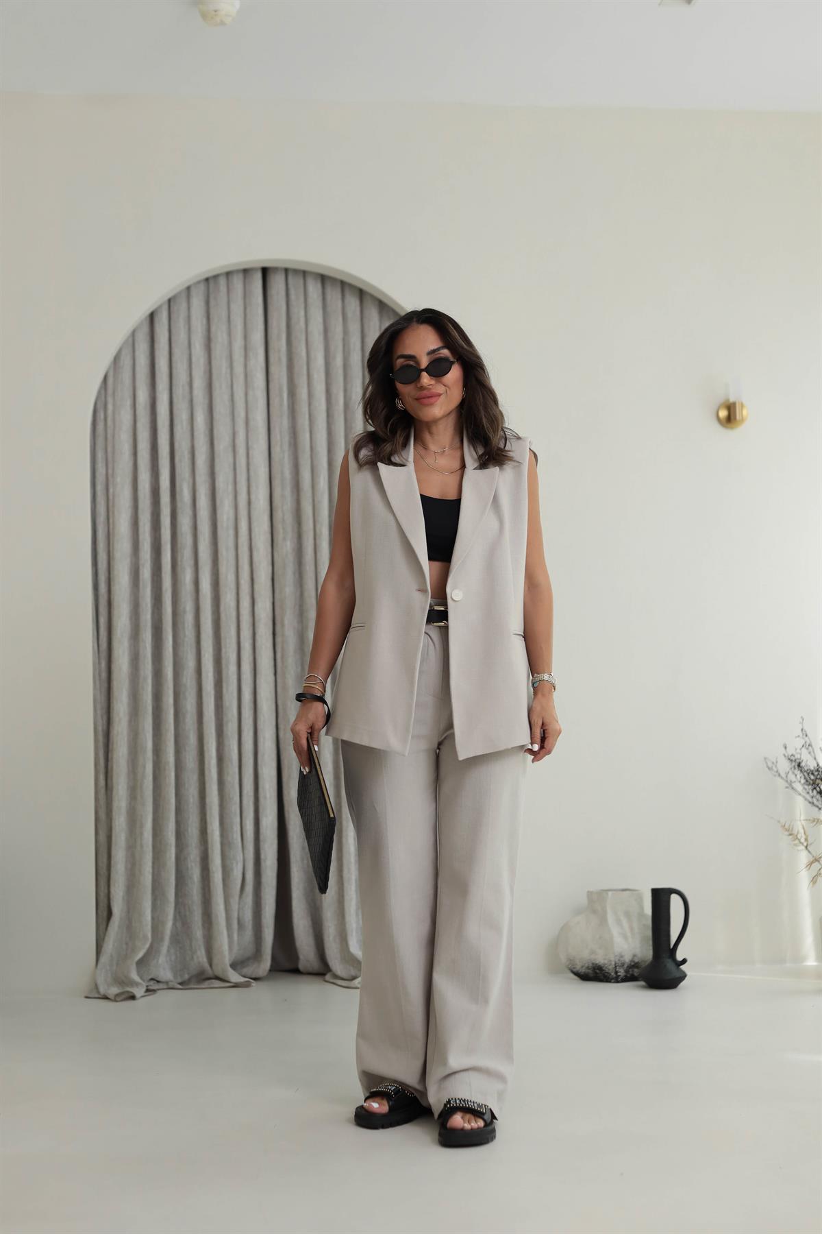 Omuz Vatkalı Yelek Keten Takım TAŞ