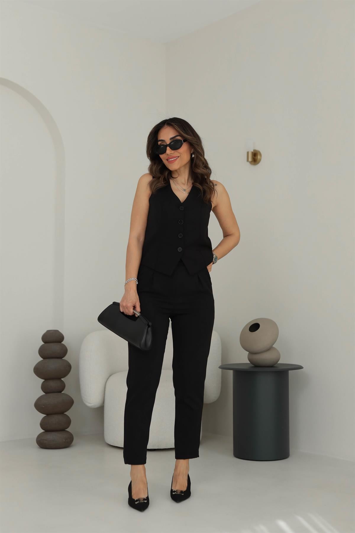 3790 Kemerli Havuç Paça Yelekli Takım SİYAH