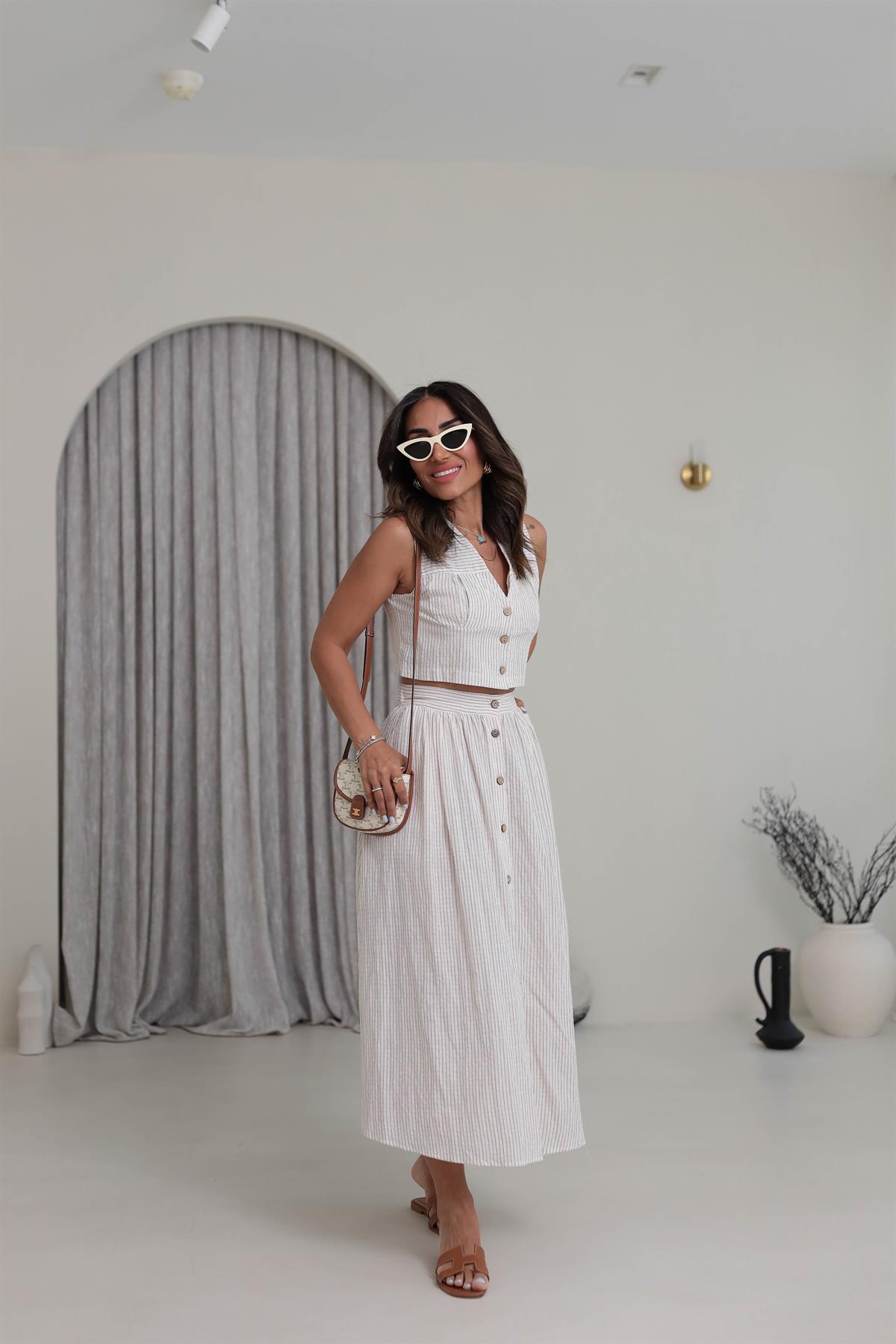 0484 Düğmeli Crop Yelek Etek Çizgili Takım BEJ