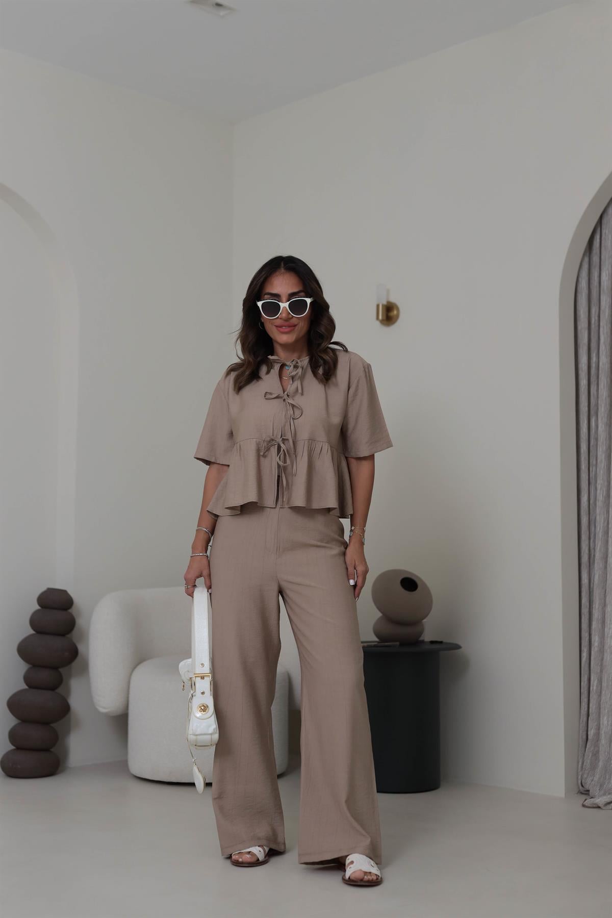 9265 Bağlama Detaylı Çilek Kumaş Takım BEJ