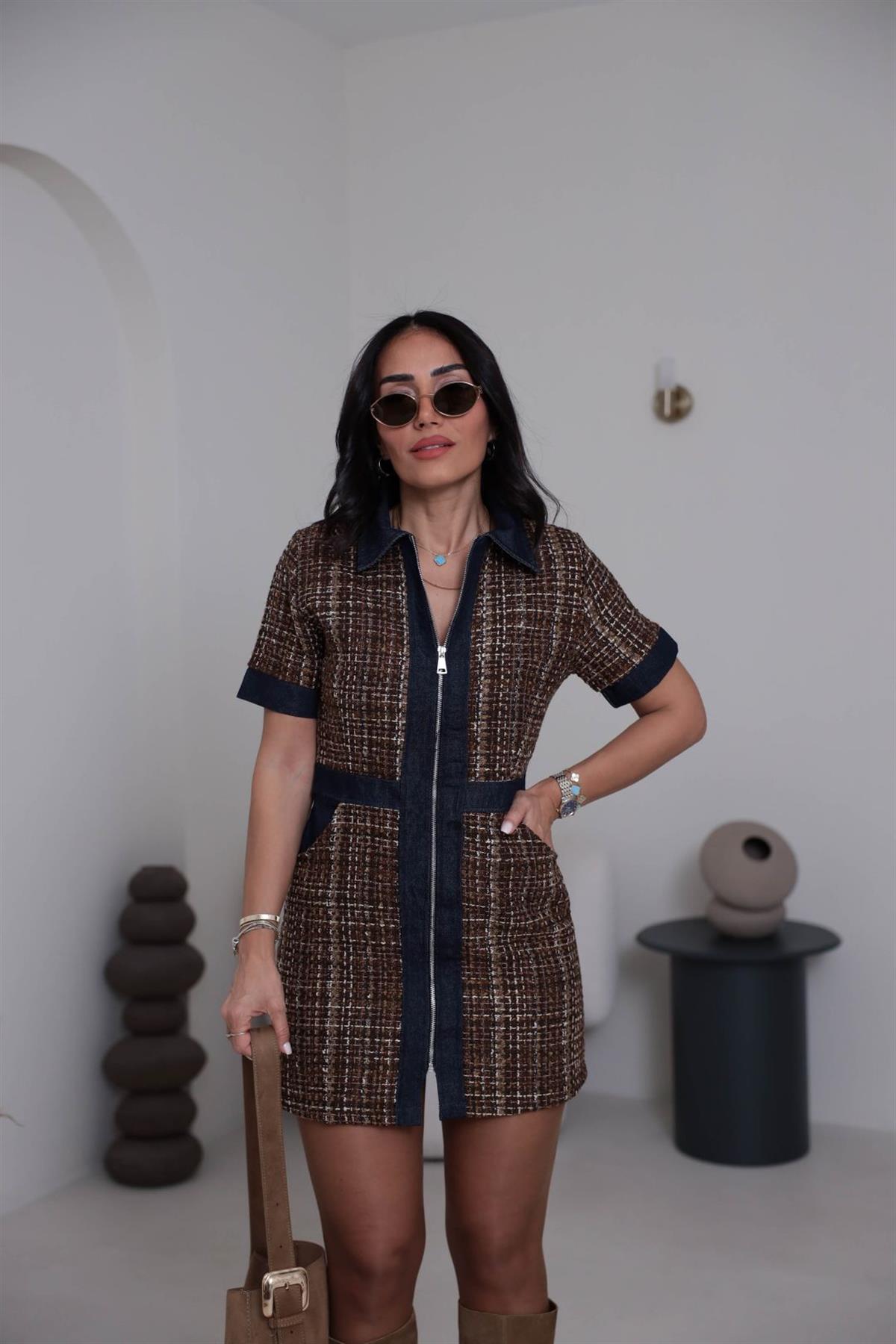 8082 Gömlek Yaka Kot Garnili Tüvit Elbise KAHVE