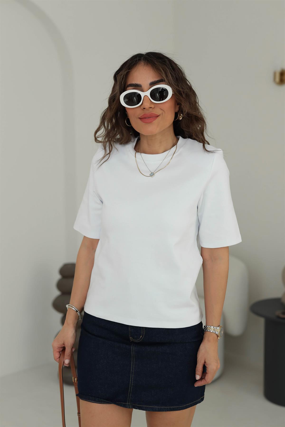 1134 Vatkalı Kalın Dokulu Tshirt BEYAZ