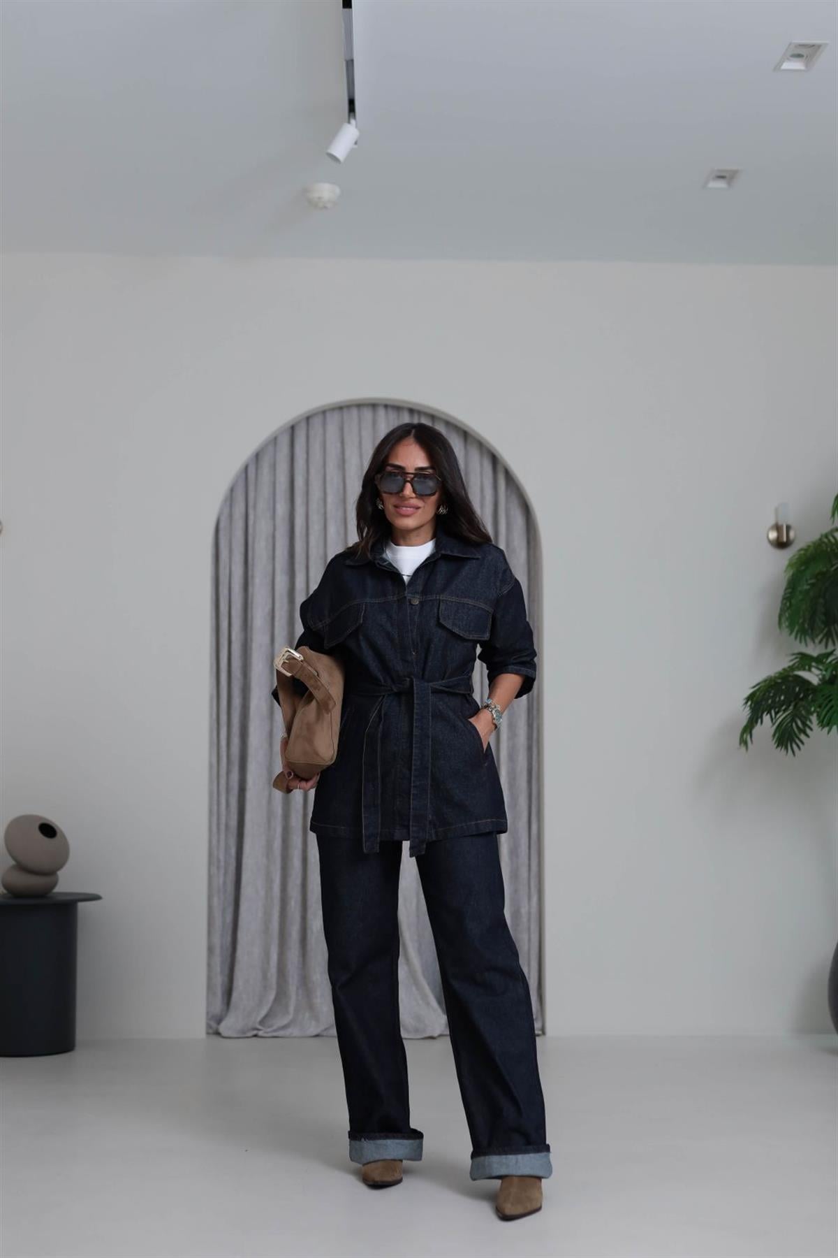 7653 Gizli Düğmeli Kuşaklı Cepli Denim Takım LACİVERT