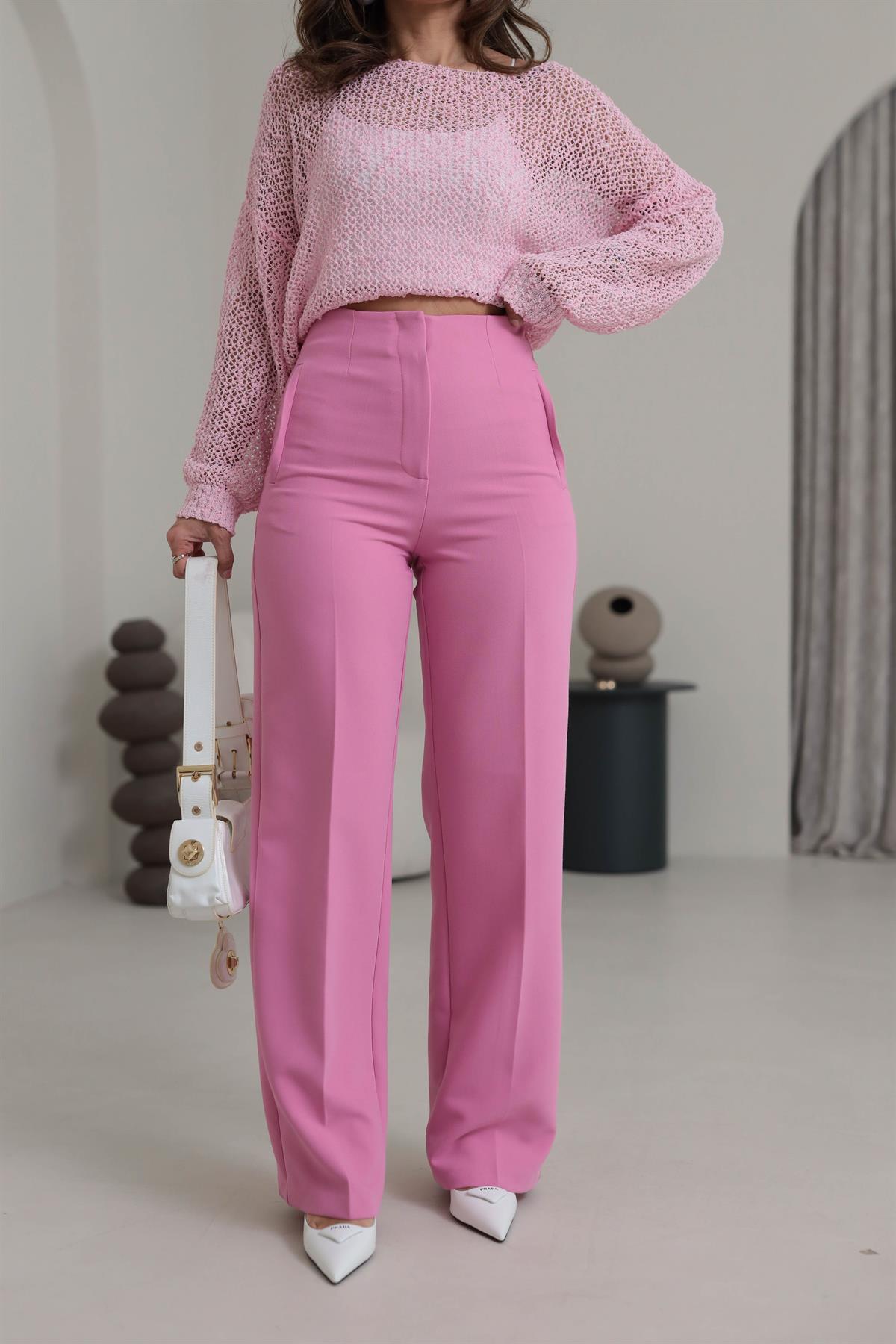 2001 Pensli Yüksek Bel Palazzo Pantolon PEMBE