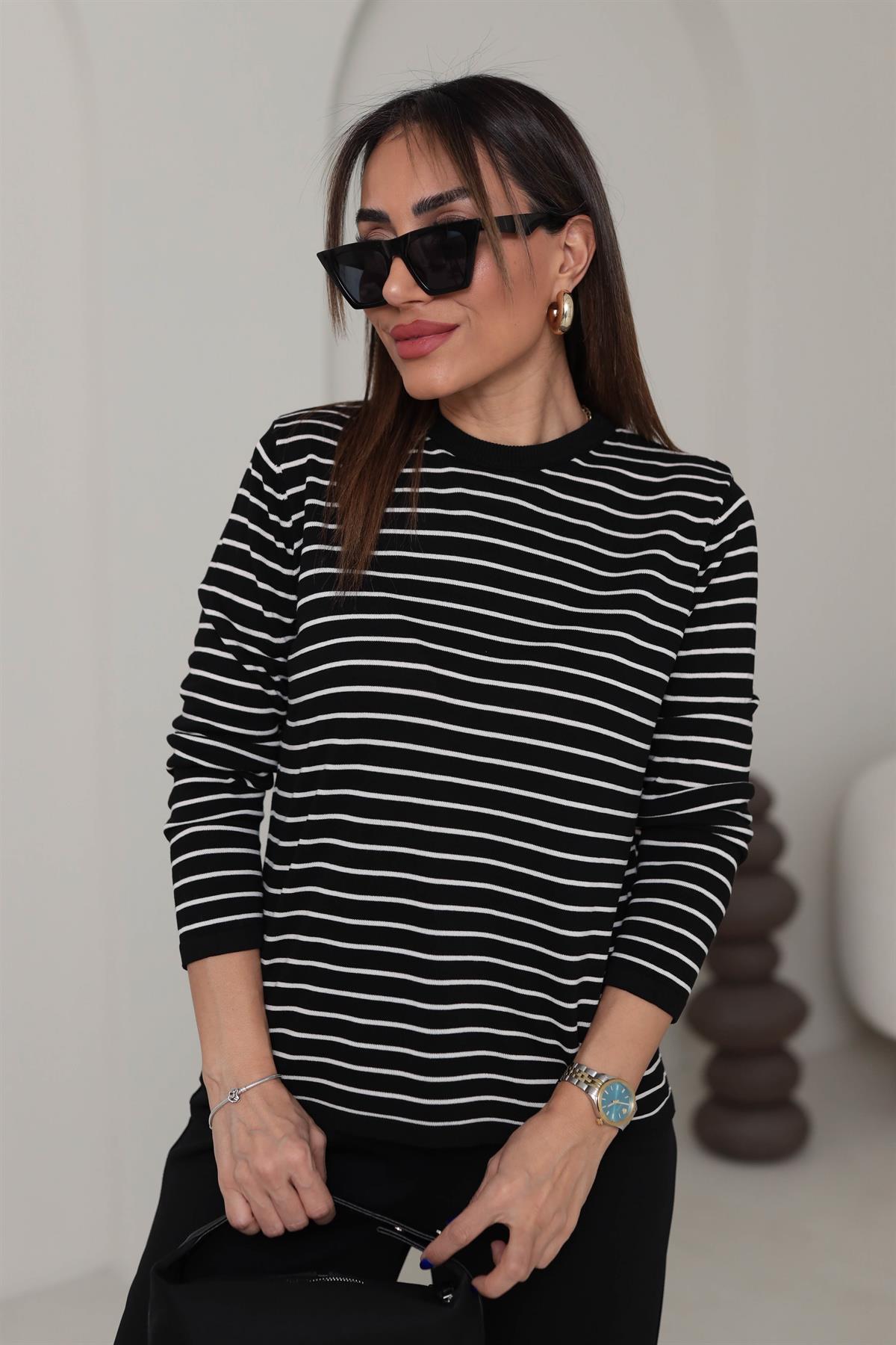 Çizgili Bisiklet Yaka Merzerize Triko SİYAH