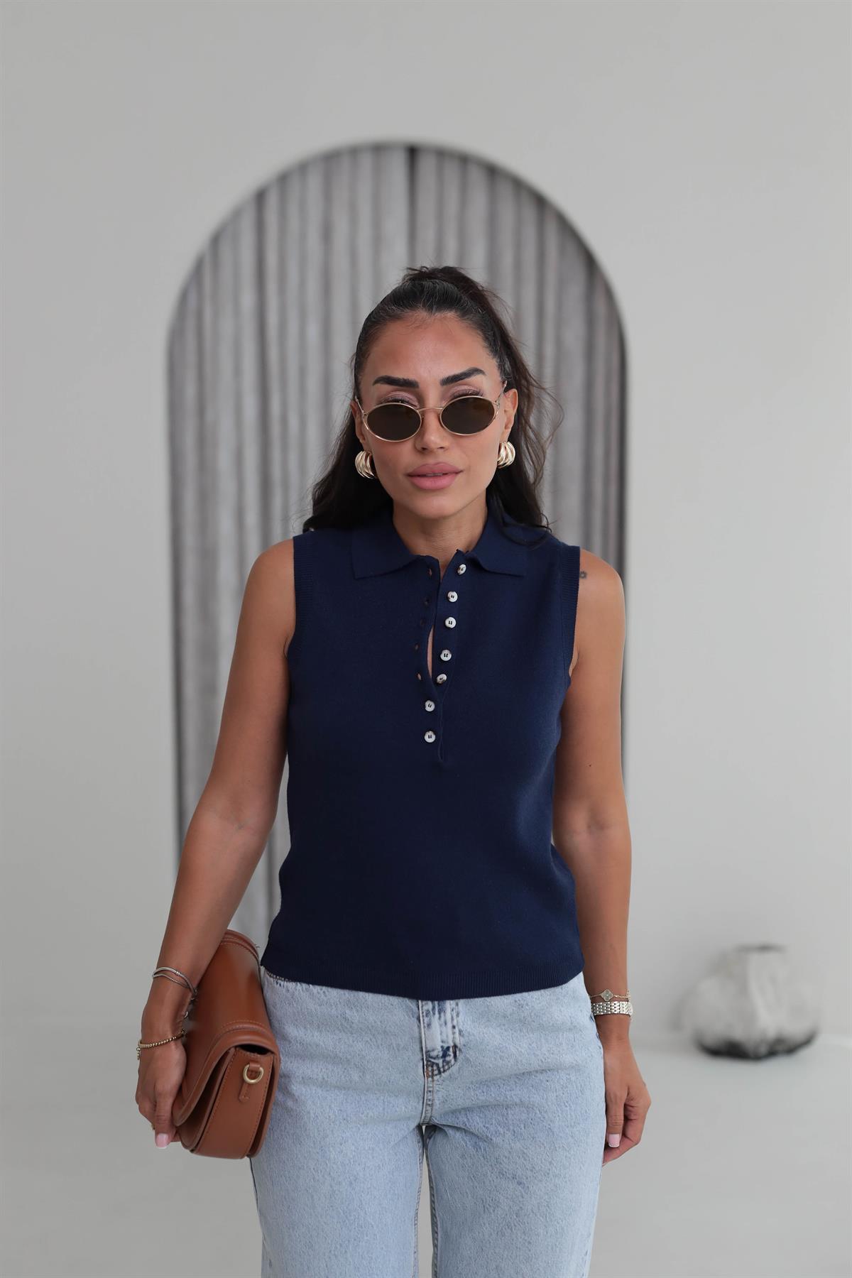 Polo Yaka Yarım Düğmeli Süveter LACİVERT