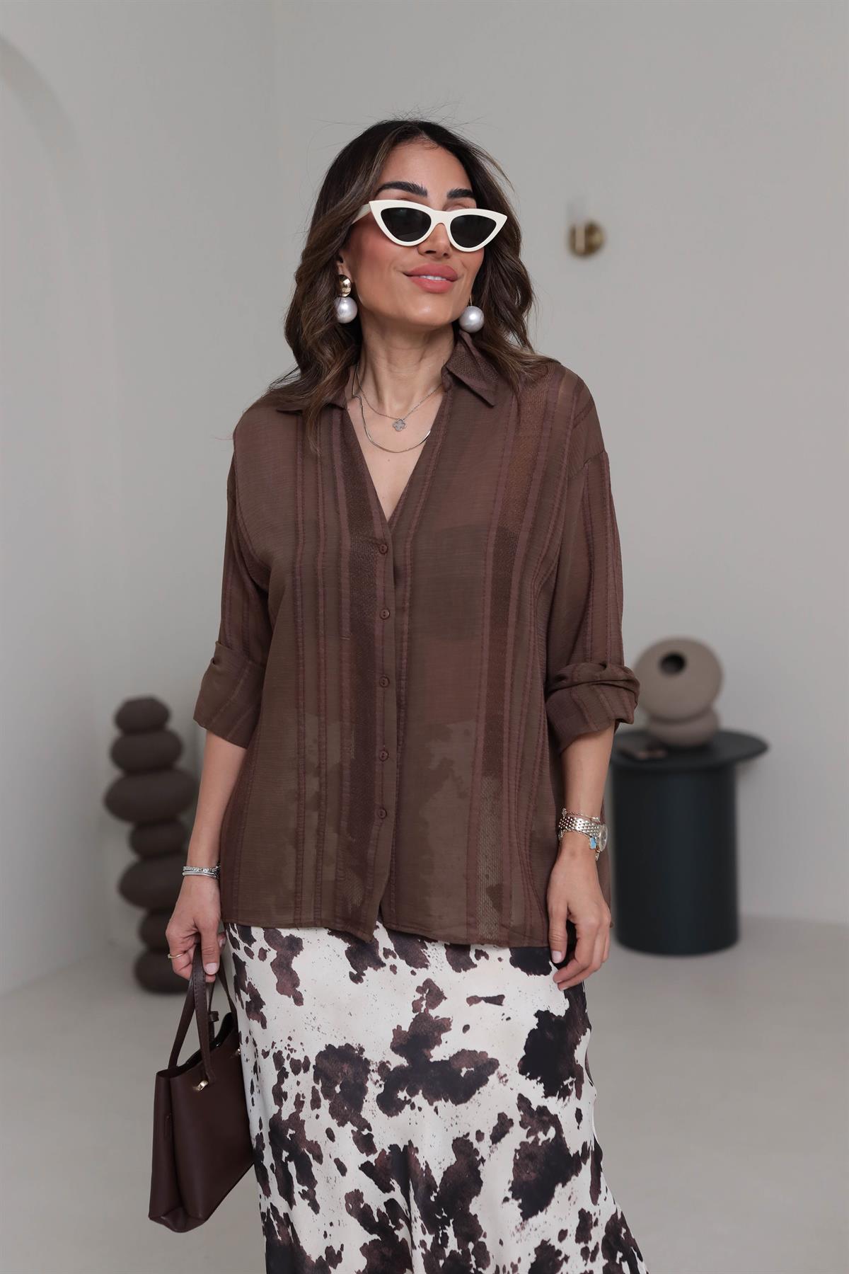 4914 Transparan Detaylı Oversize Gömlek KAHVE