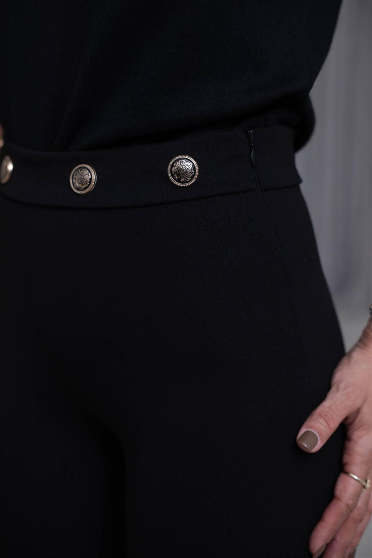 7068 Belden Düğmeli Yüksek Bel Likralı İspanyol Pantolon SİYAH