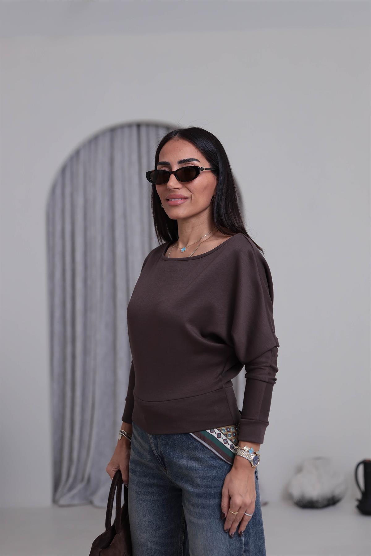 2450 Düşük Omuzlu Modal Kumaş Bluz ACI KAHVE