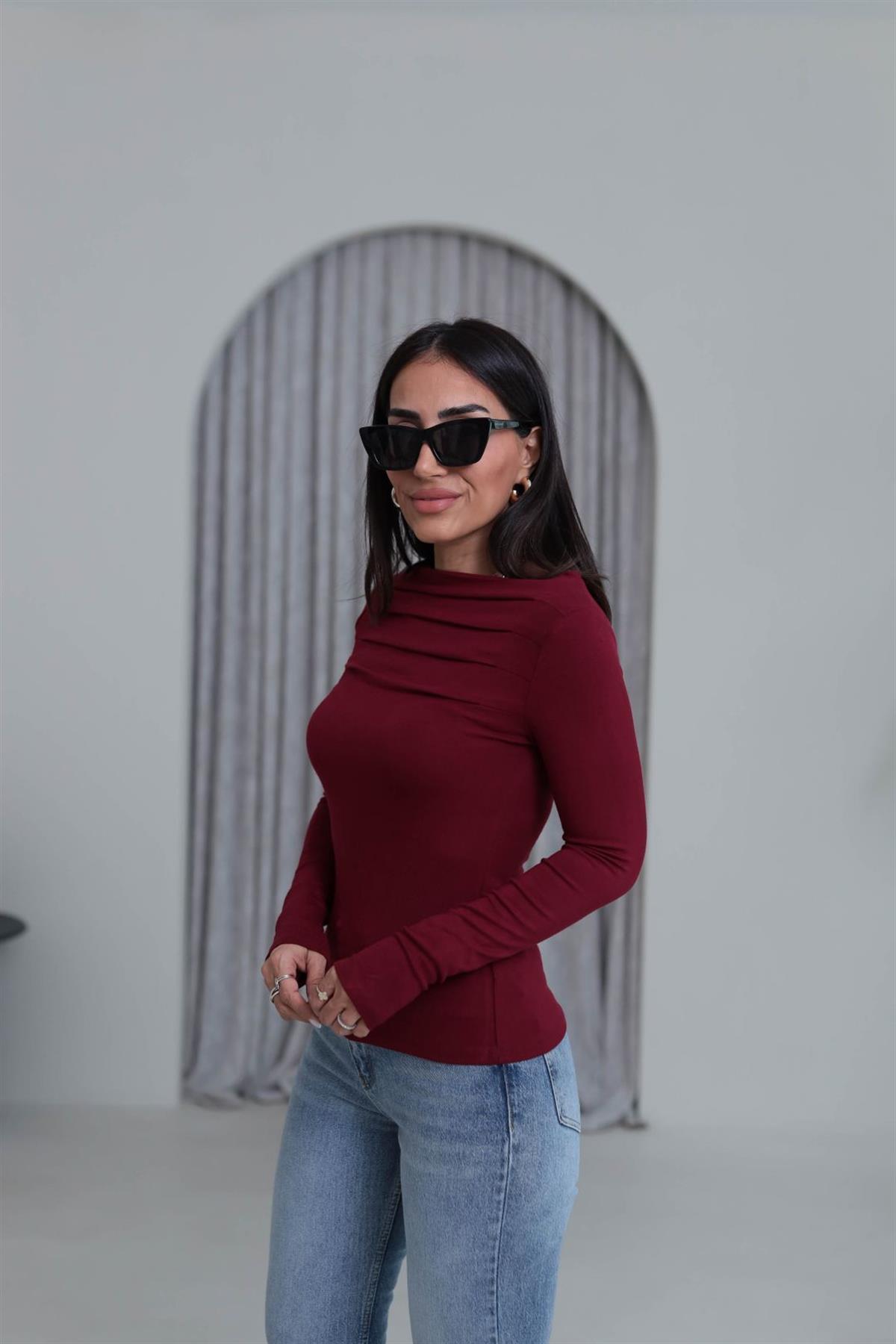 6504 Önü Pileli Viskon Bluz BORDO