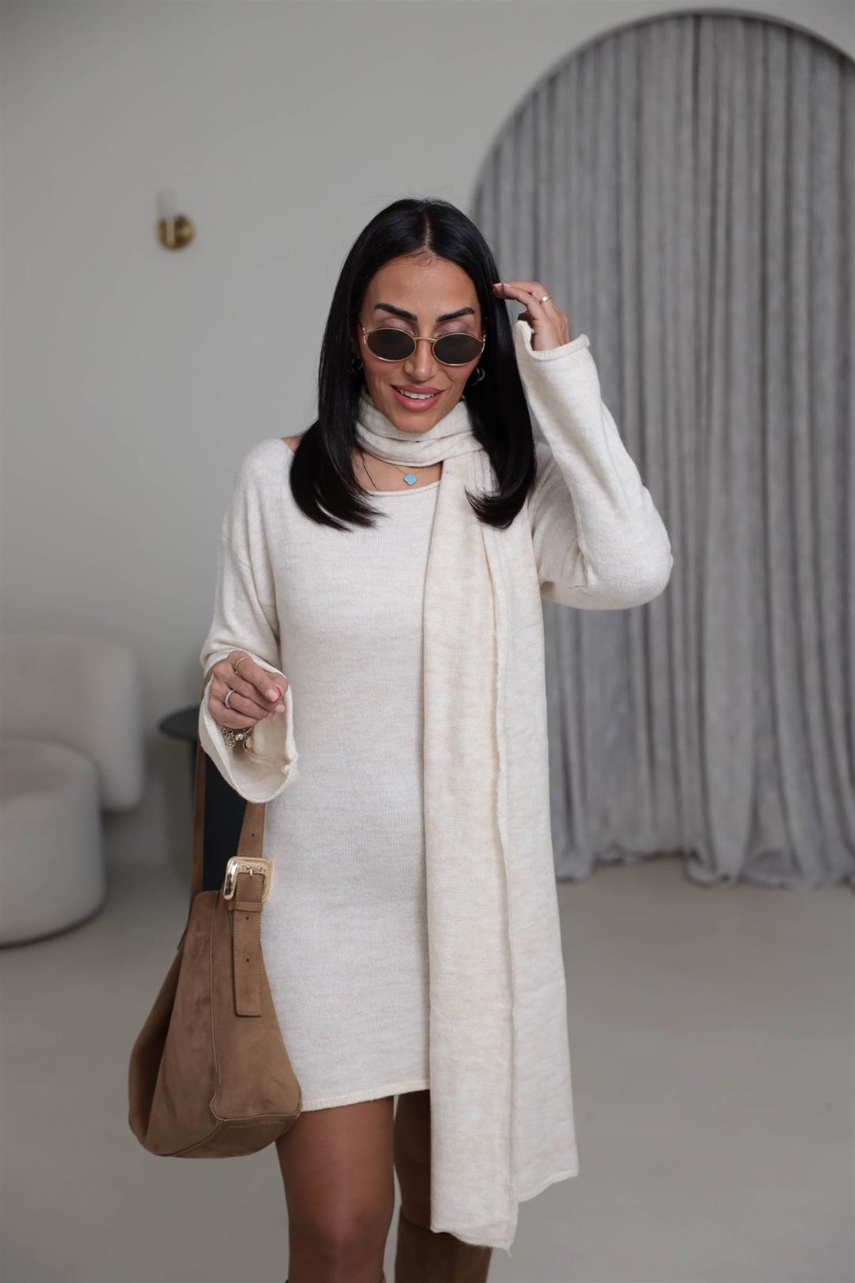 5251 Kayık Yaka Şallı Tunik TAŞ