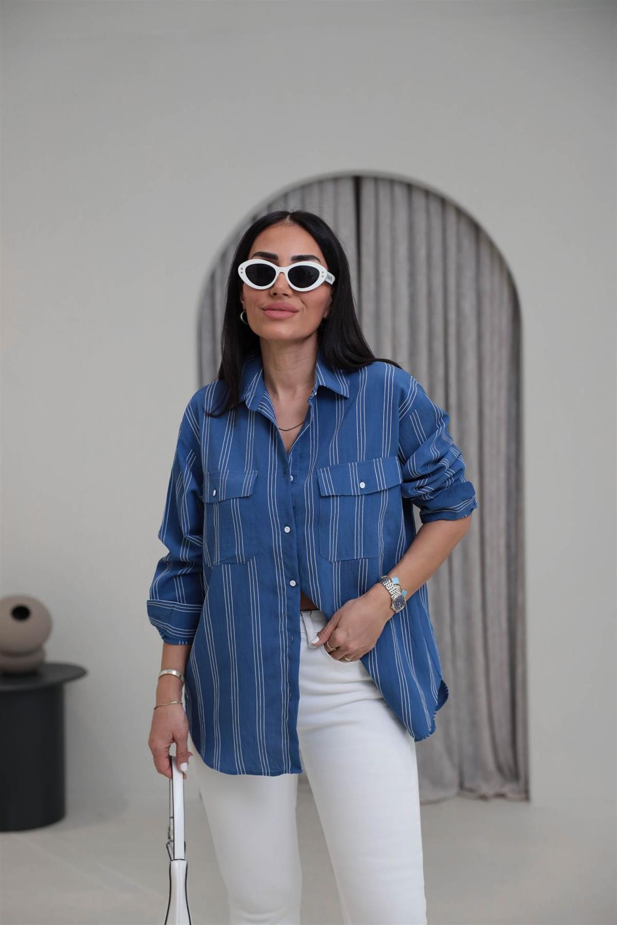 4003 Cepli Çizgili Viskon Gömlek MAVİ