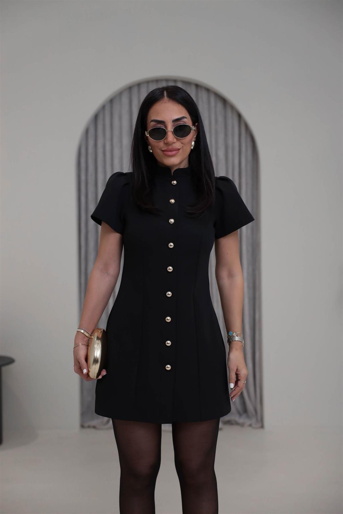 1283 Hakim Yaka Balon Kol Gold Düğmeli Mini Elbise SİYAH