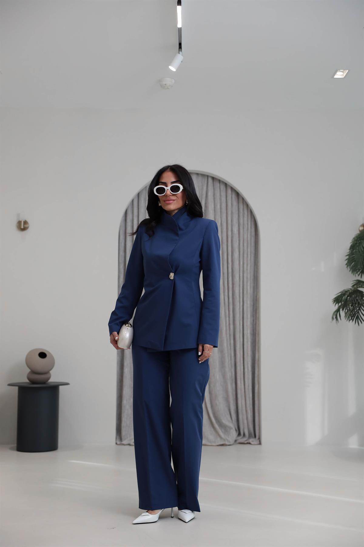 2041 Yaka Detaylı Gold Düğmeli Ceket Pantolon Takım Indigo