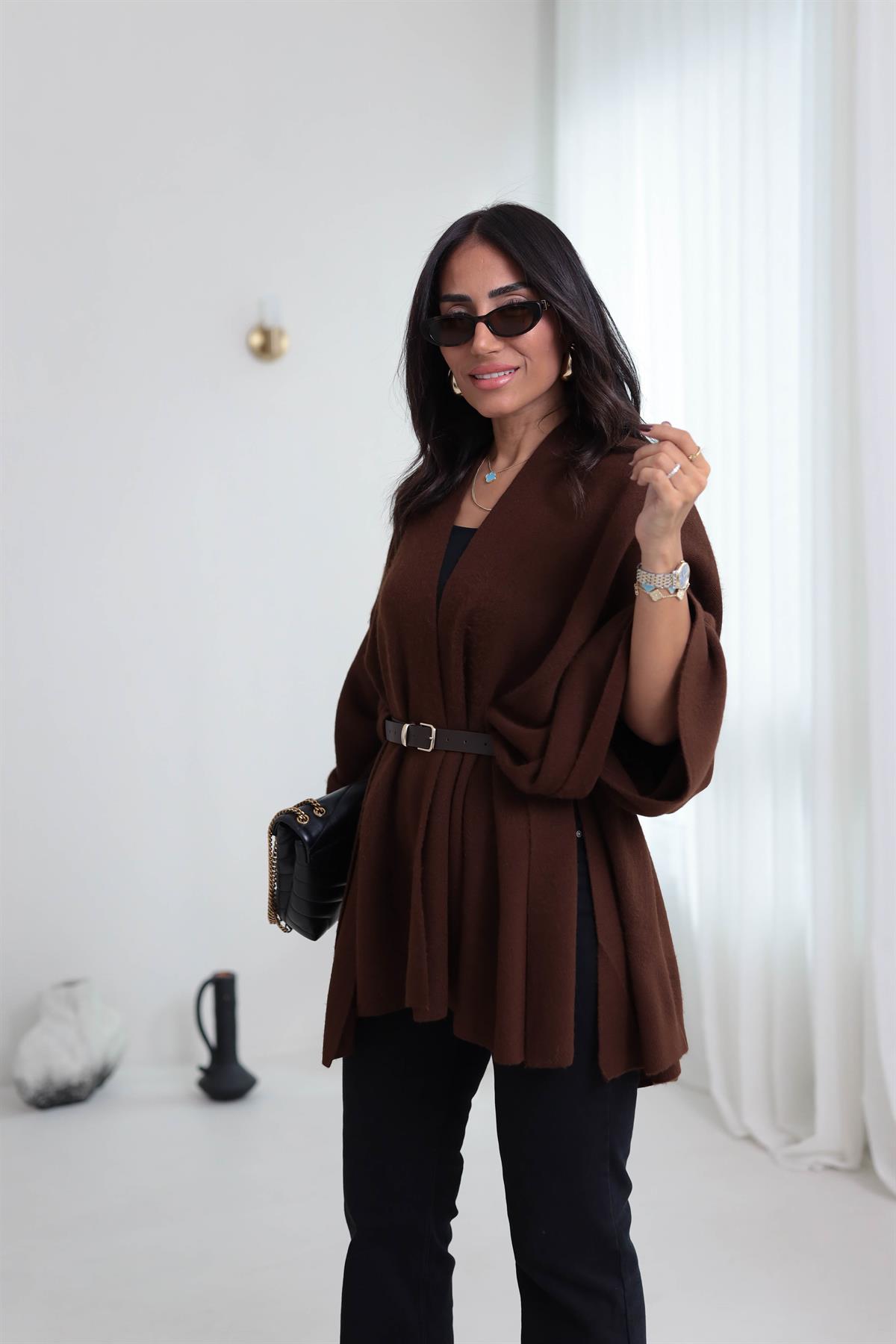 6840 Kemerli Triko Panço Şal KAHVE