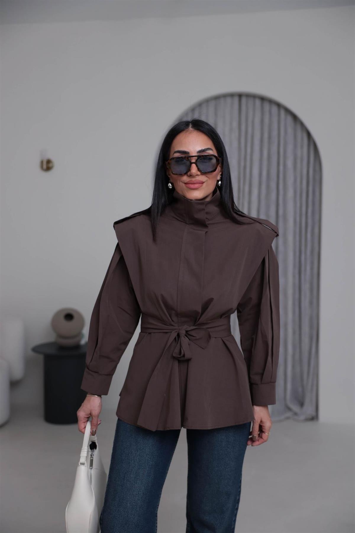 7623 Dik Yaka Geniş Omuz Kuşaklı Trençkot KAHVE
